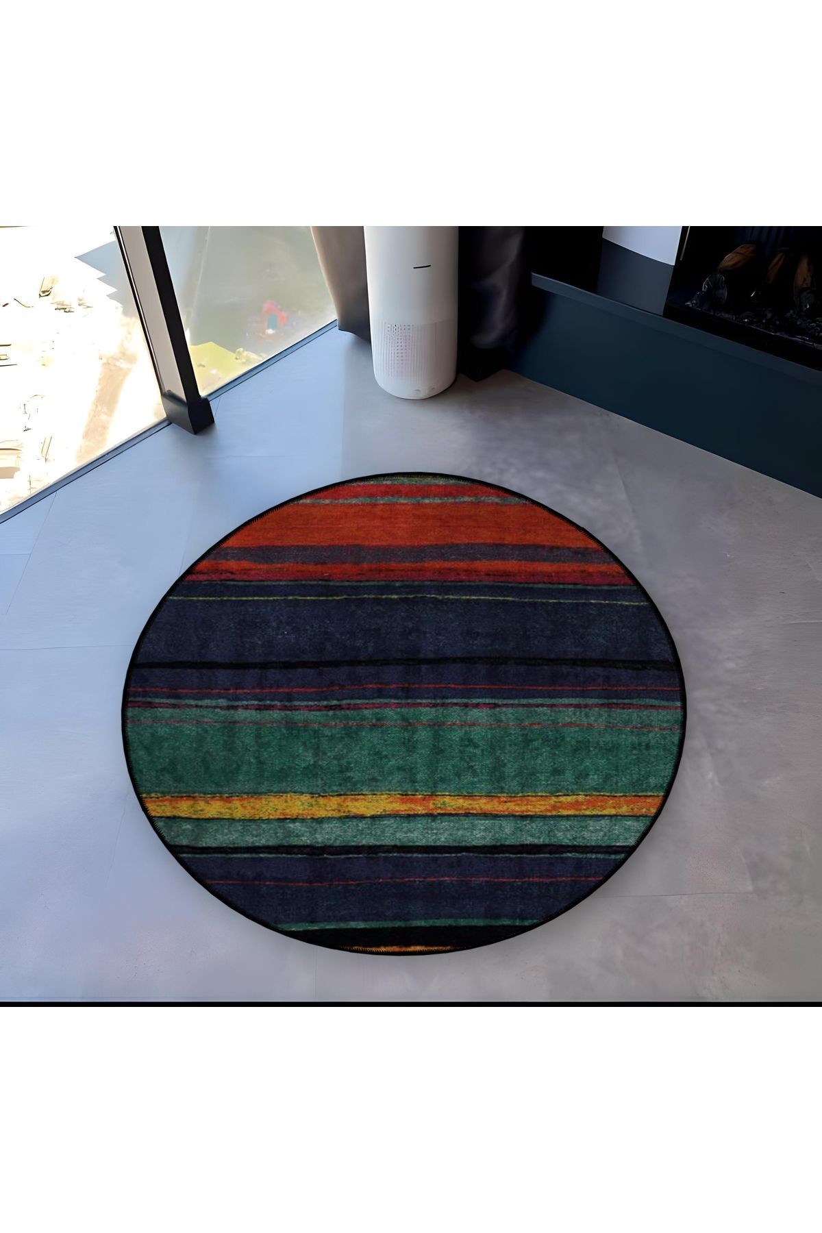 Çok Renkli Çizgli Desenli Yuvarlak Dokuma Taban Modern Dekoratif Halı 6129