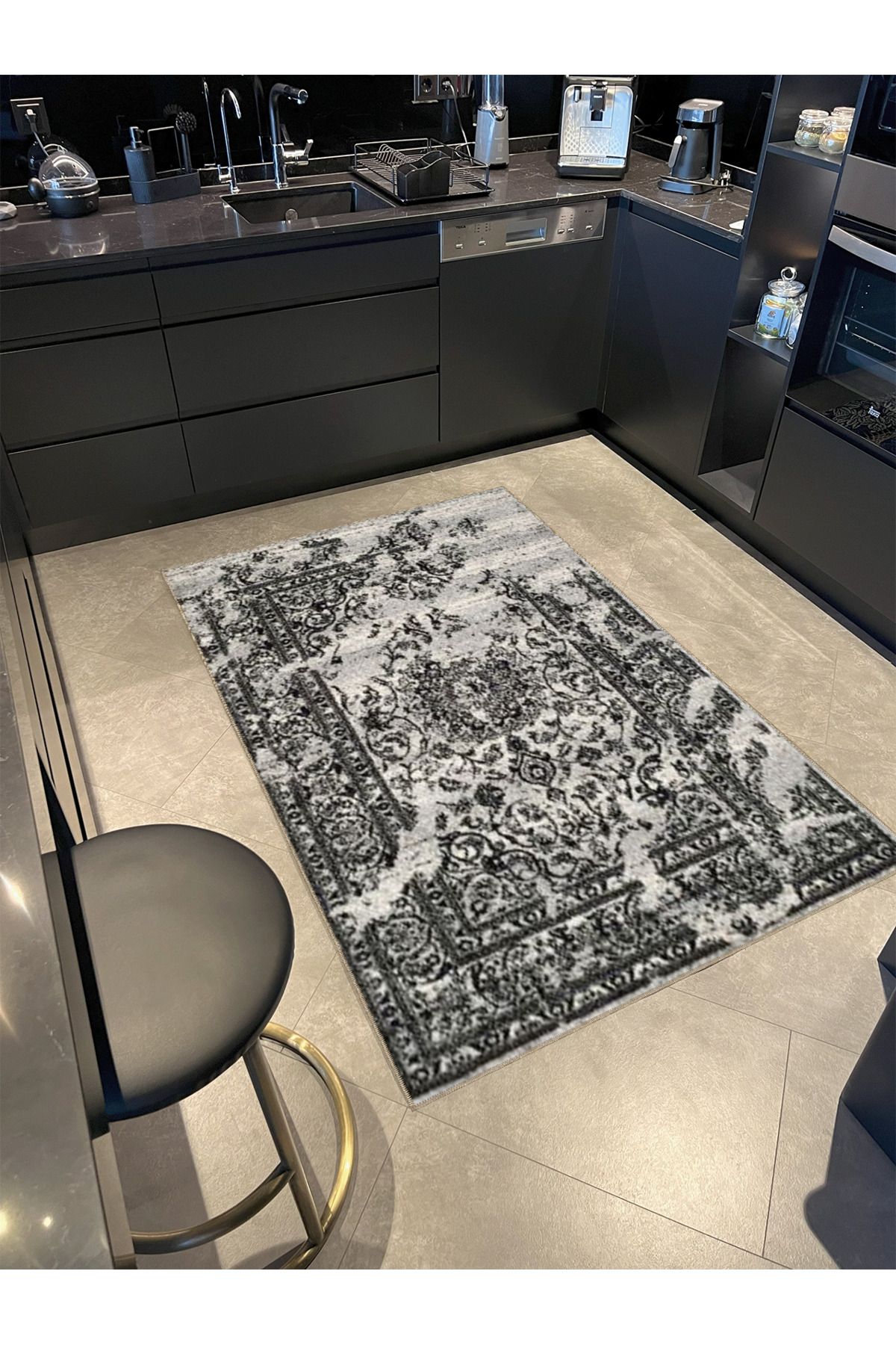 Gri Temalı Soyut Geleneksel Motif Desenli Vintage Dekoratif Halı 4931