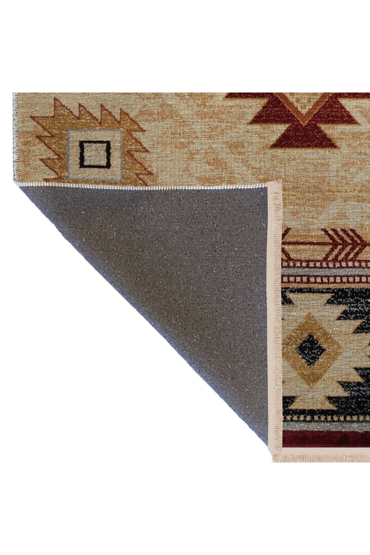 Bej Temalı Geleneksel Motif Desenli Saçaklı Vintage Dekoratif Halı 3080