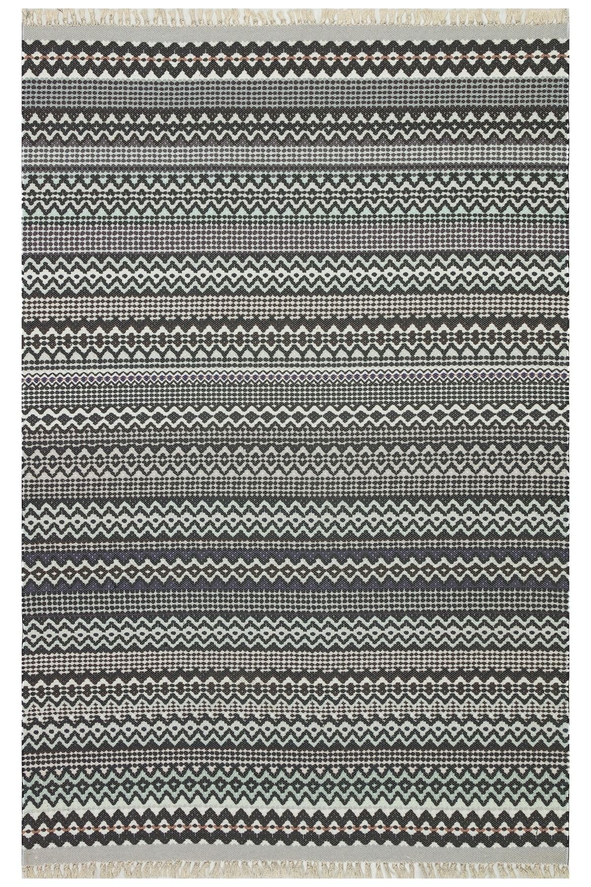 Cotton 3209 Alr Siyah Beyaz Etnik Saçaklı Kilim