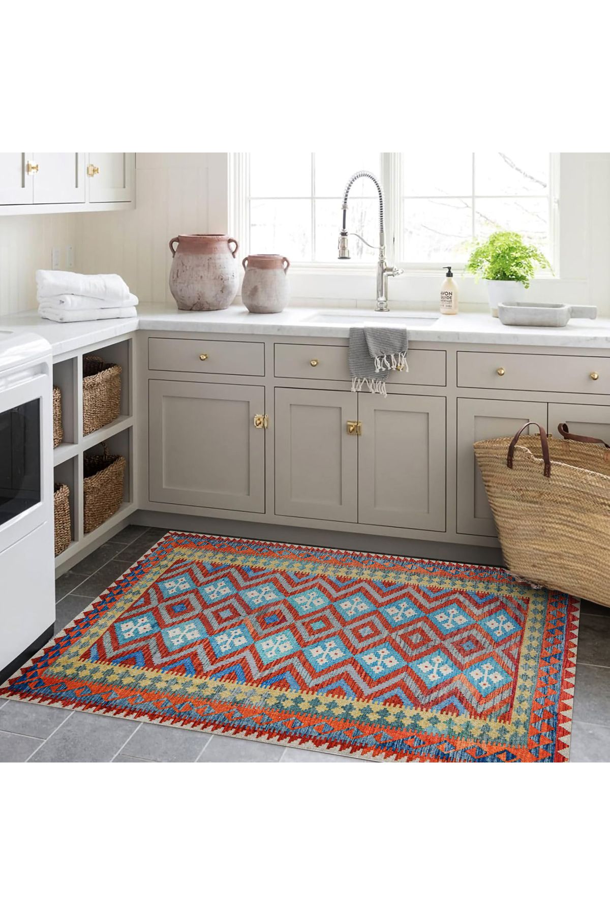 Mete Koleksiyonu Mavi ve Kırmızı Temalı Etnik Geometrik Motif Desenli Vintage Dekoratif Halı 22