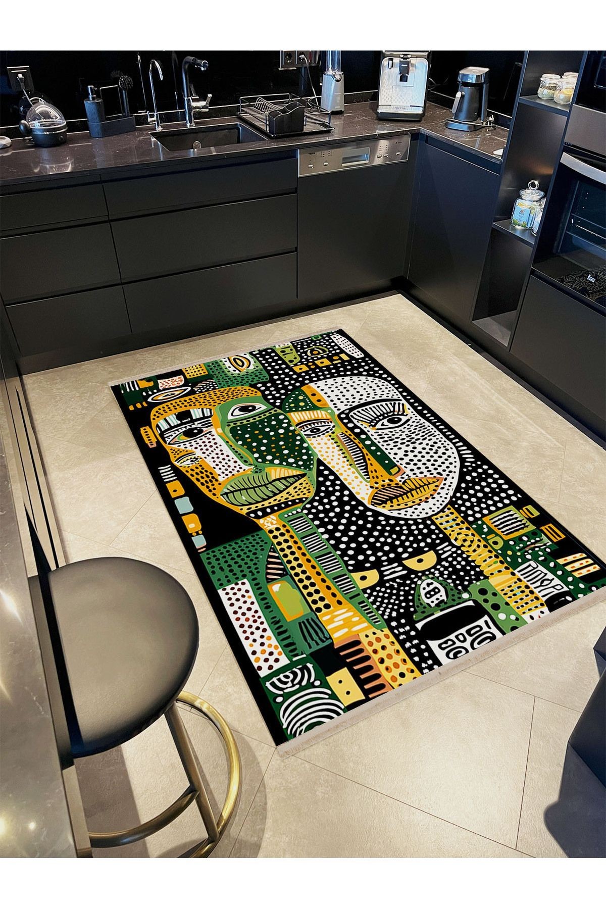 Paris Koleksiyonu Sarı Yeşil Puantiyeler ve Yüz Silüeti Desenli Modern Dekoratif Halı paris27