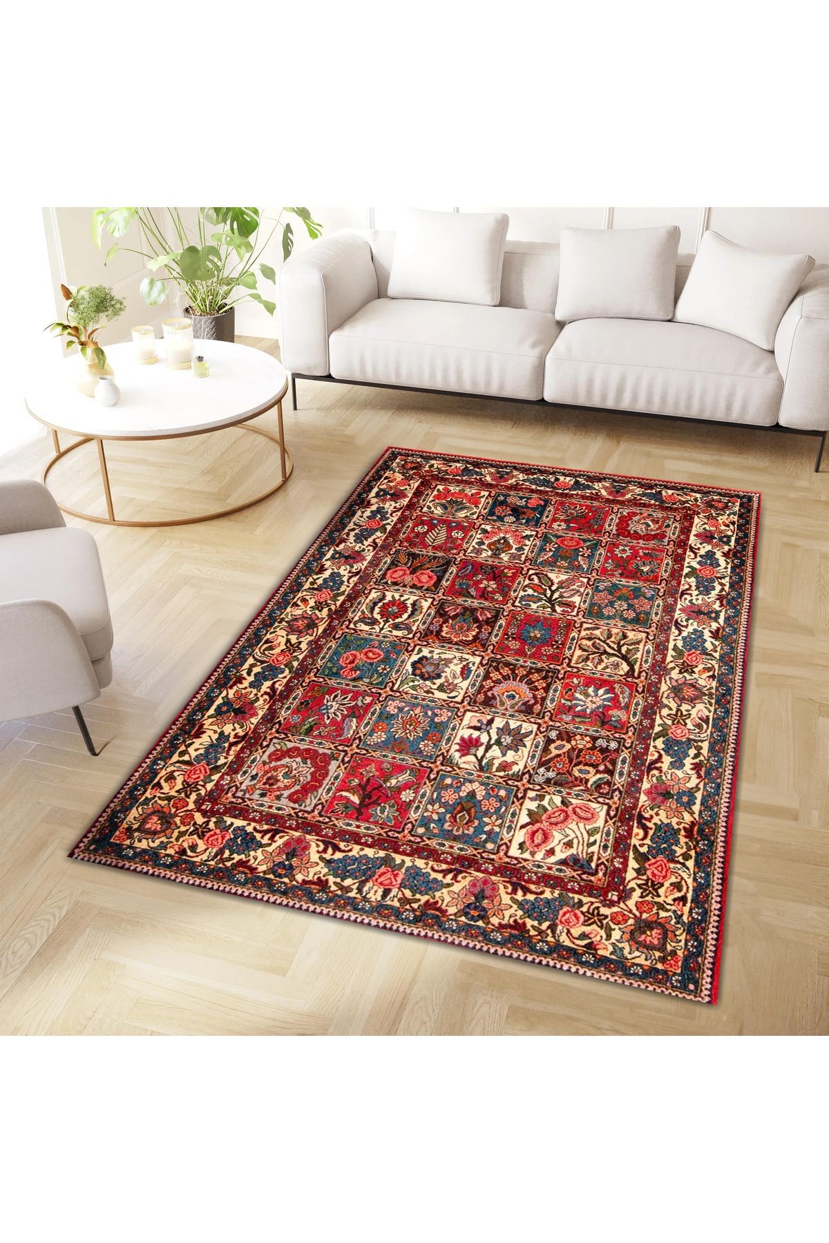 Aysu Koleksiyonu Kırmızı Tonlarda Çiçek Desenli Dokuma Taban Modern Dekoratif Halı aysu47