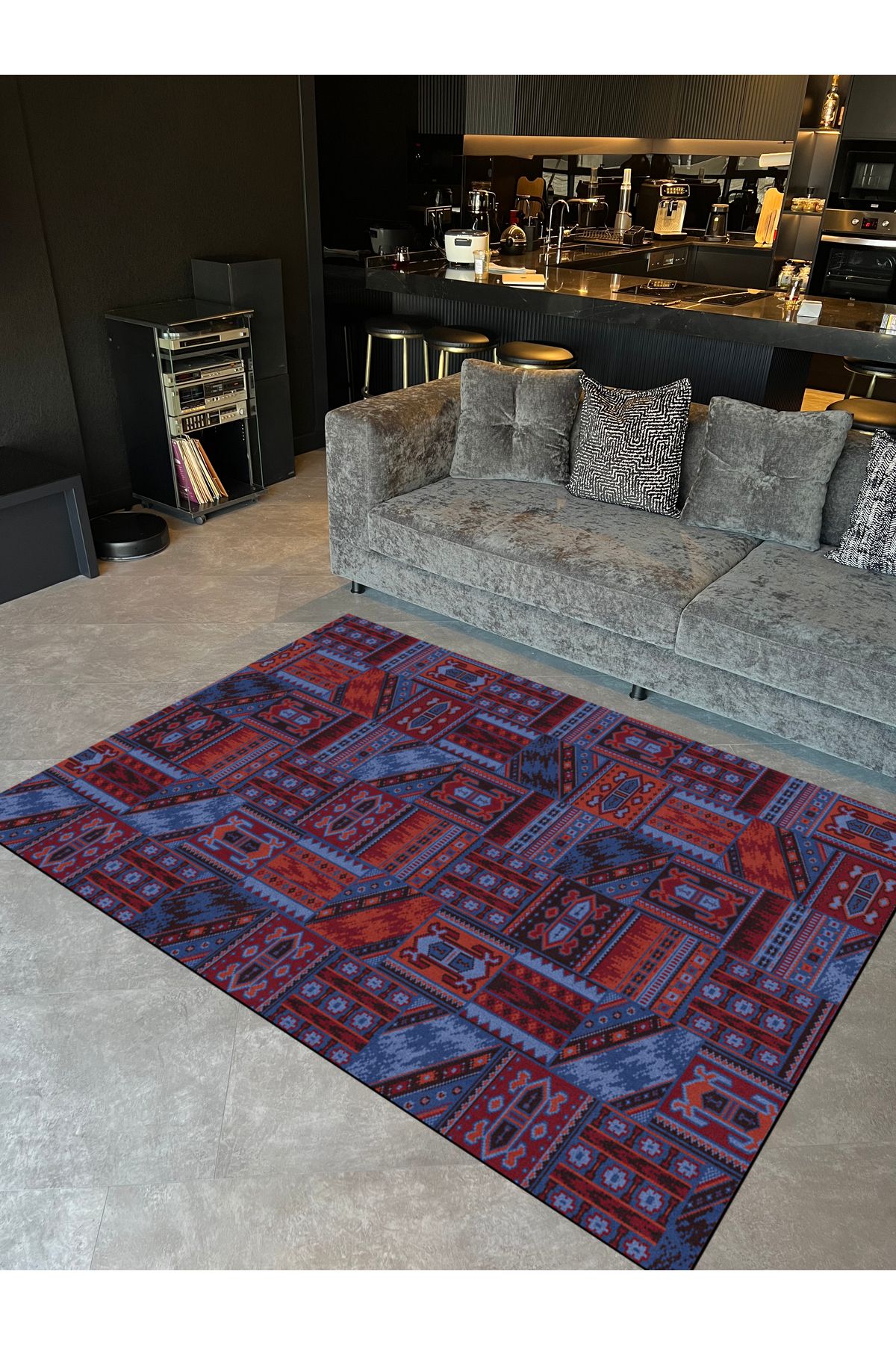 Fiori Lacivert Bordo Etnik Desen Dokuma Taban Dekoratif Halı 1752