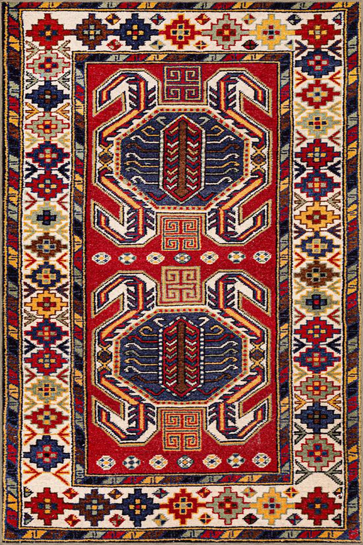 Kırmızı Modern Baklavalı Sarı Dokuma Taban Halı miravip532