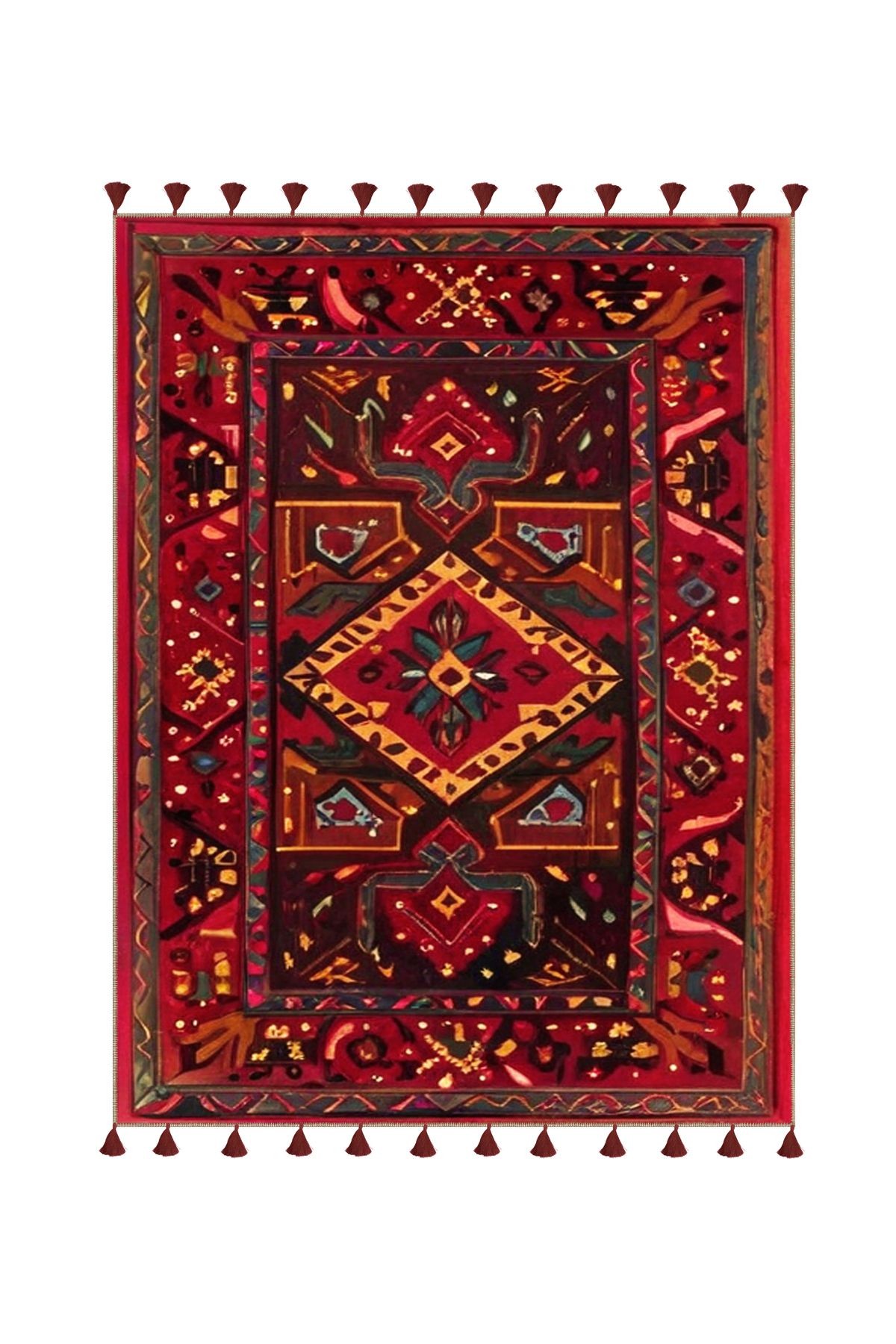 Royal Antik Şekiller Desenli Püskül Detaylı Dokuma Taban Dekoratif Halı royal36