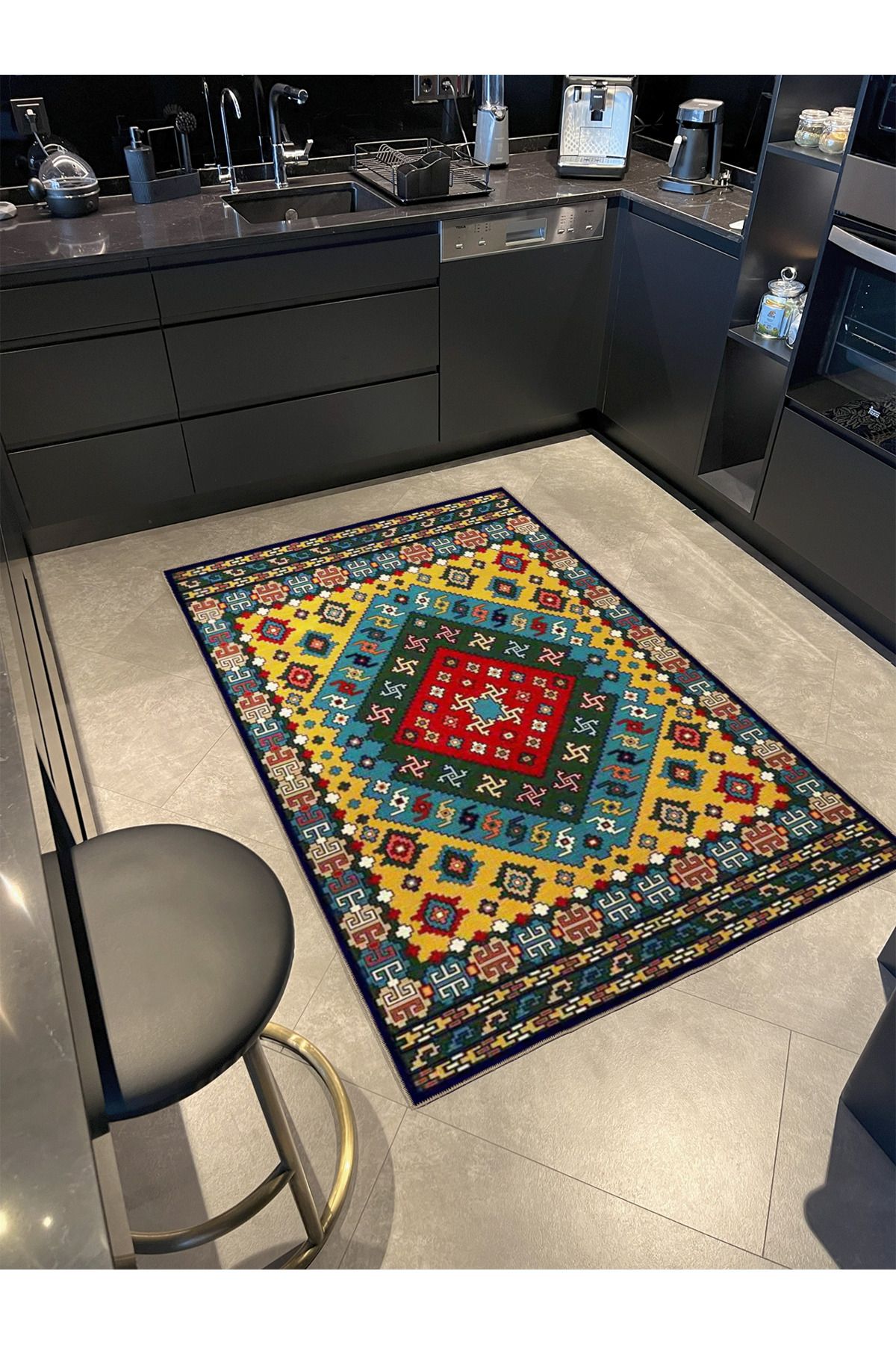 Sarı Kırmızı Geometrik Desenli Dokuma Taban Halı 4125