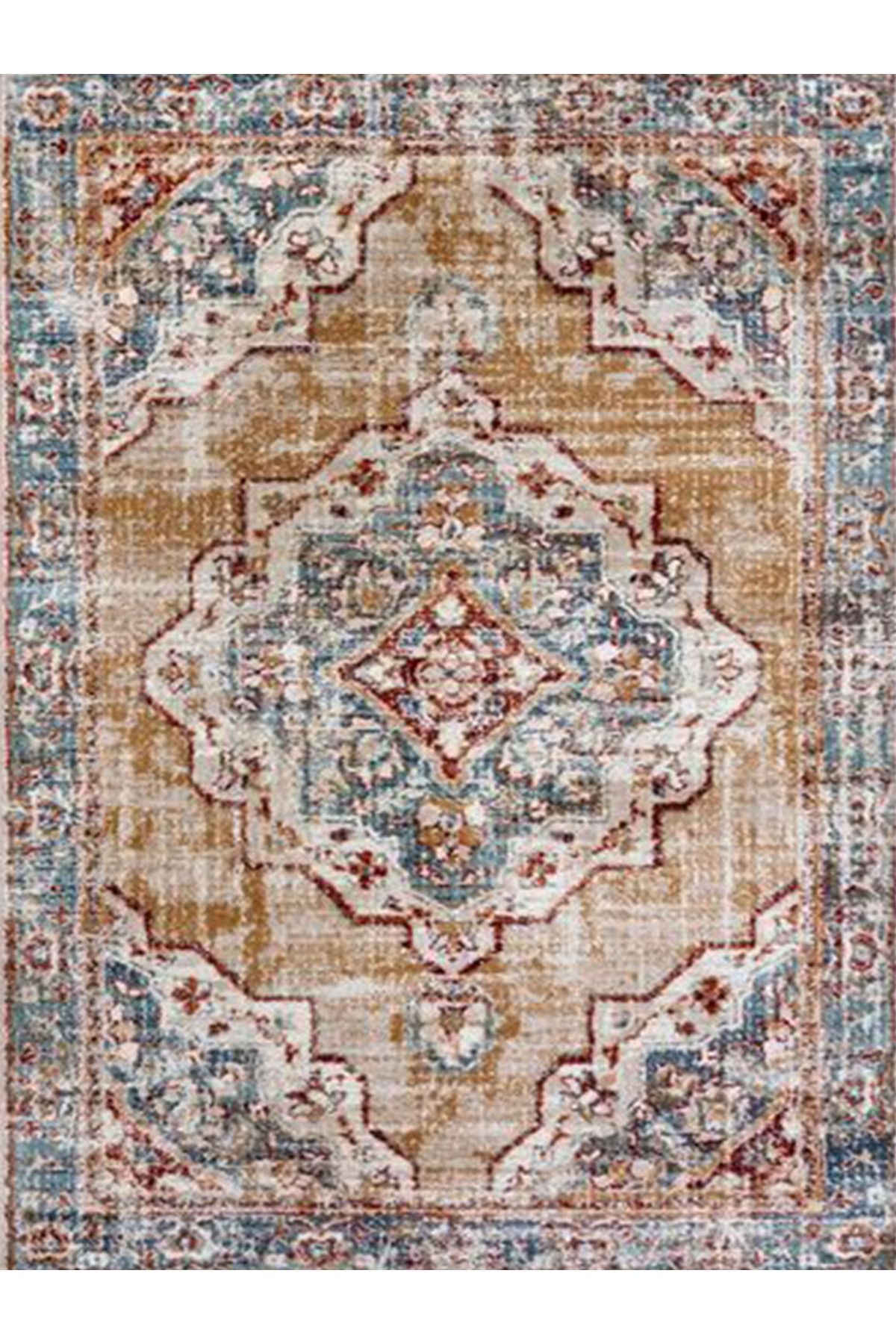 Alya Koleksiyonu Mavi Kahve Tonlarda Eskitme Görünümlü Dokuma Taban Dekoratif Halı alya01