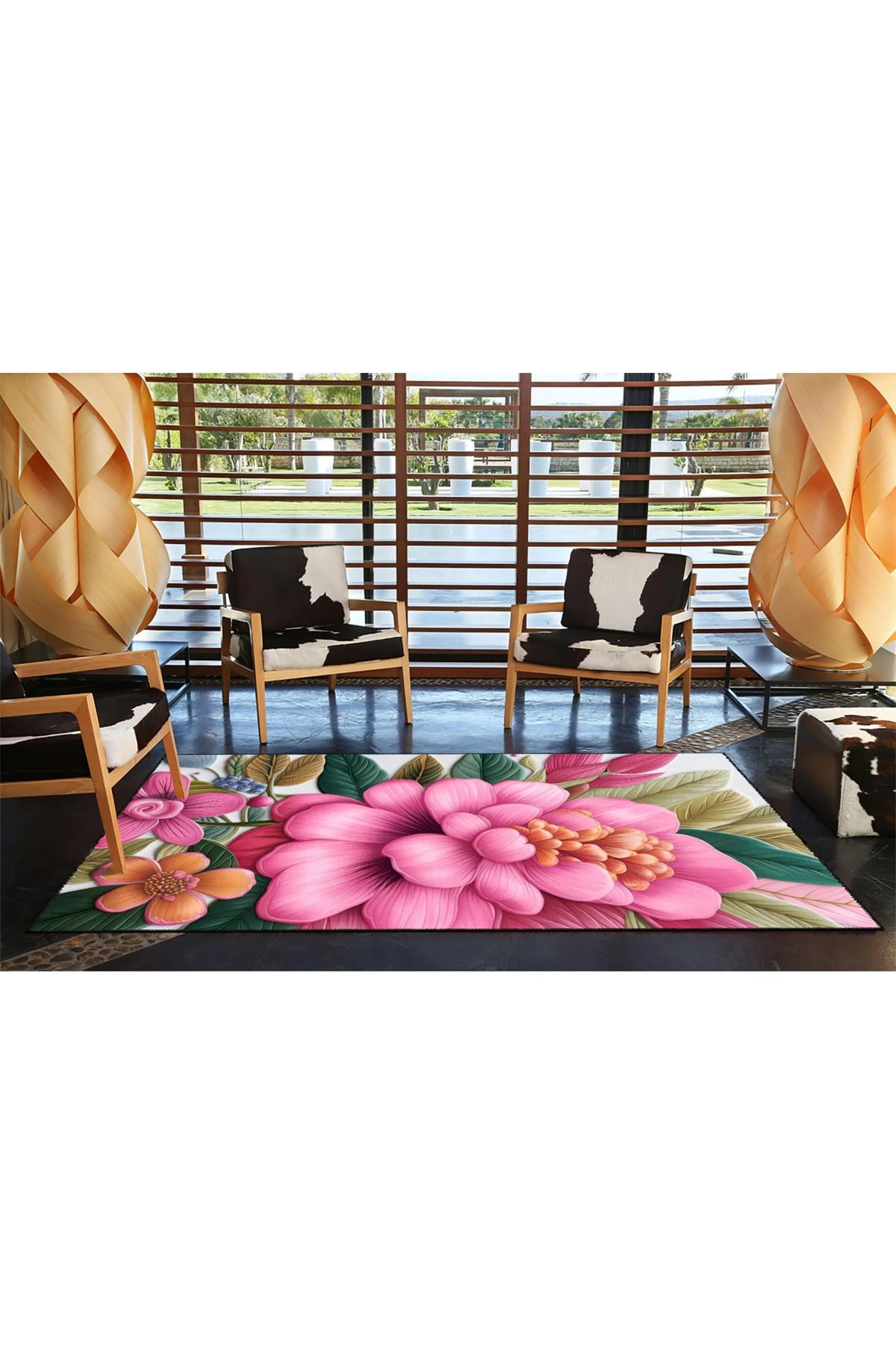 Pembe Floral Etnik Modern Dekoratif Halı miravip232