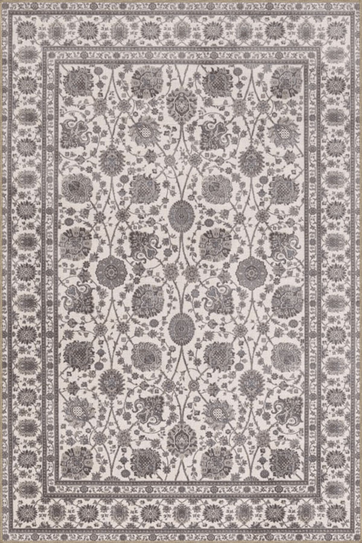 Gri Bej Temalı Etnik Floral Çiçek Desenli Vintage Dekoratif Halı 3861
