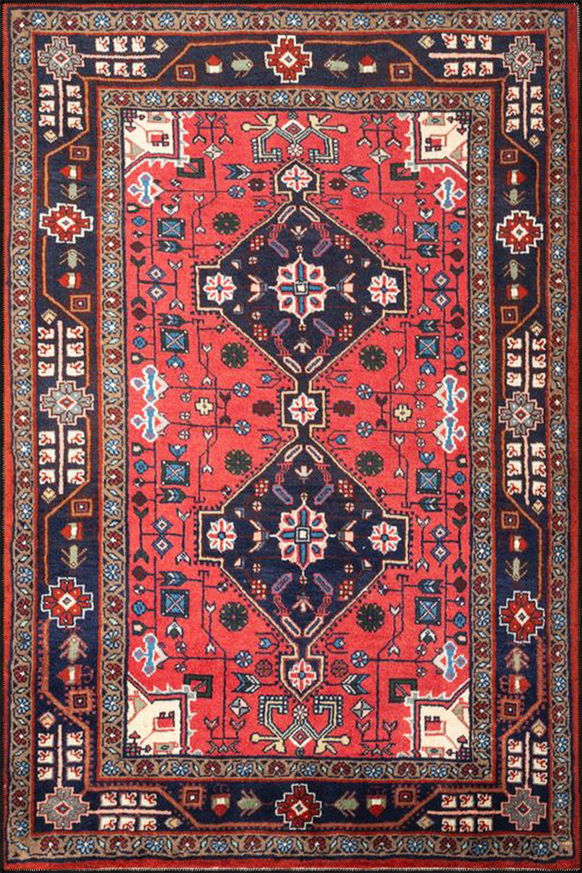 Geleneksel Kırmızı Renkli Baklavalı Desenli Modern Dekoratif Halı 4478