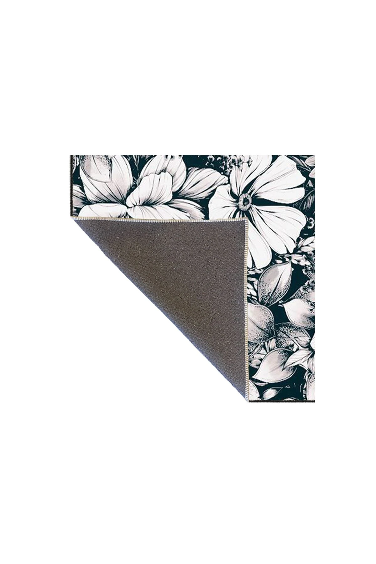 Beyaz Temalı Siyah Floral Çizgili Desenli Dokuma Taban Halı ve Yıkanabilir Halı miravip9924