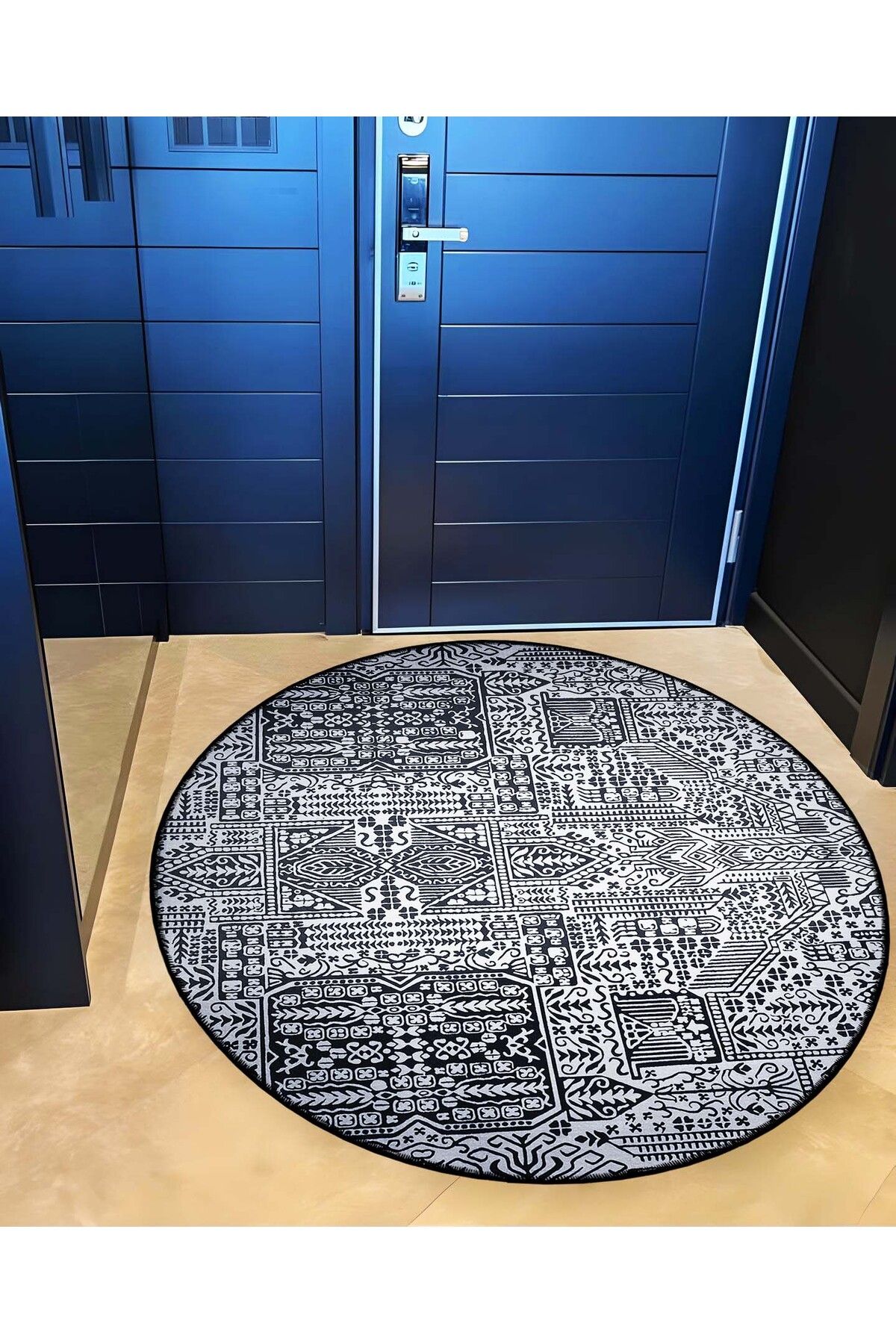 Mira Yuvarlak Siyah Beyaz Soyut Şekiller Detaylı Dokuma Taban Modern Dekoratif Halı mirayuvarlak5834