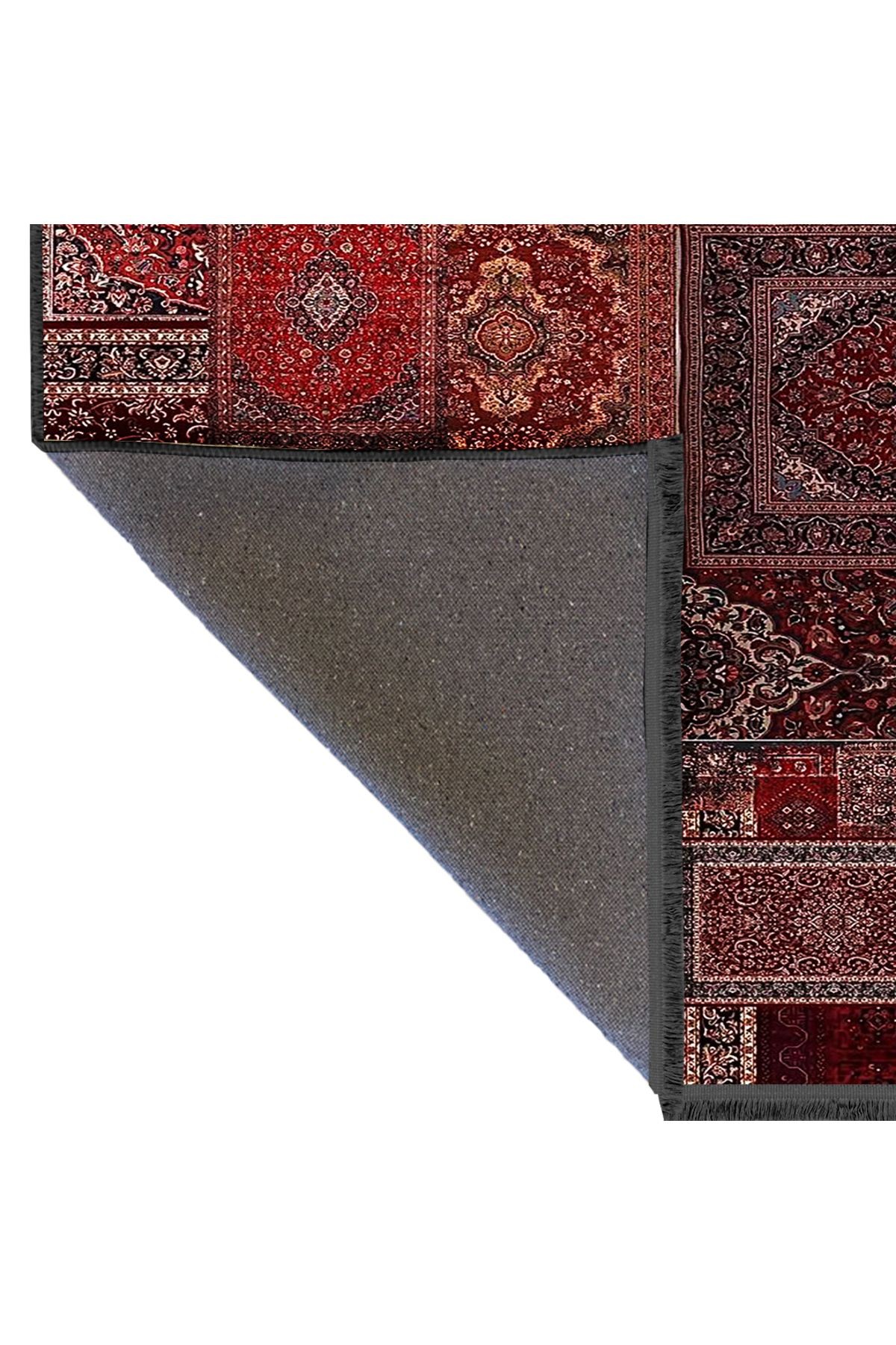 Kuvars Koleksiyonu Kırmızı Vintage Motifler Desenli Dokuma Taban Etnik Dekoratif Halı kuvars27