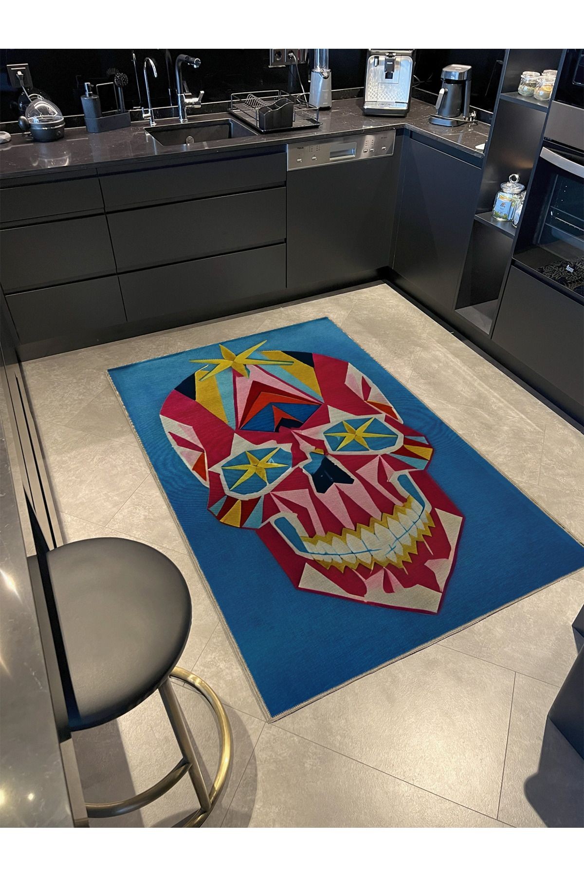 Mavi Temalı Çok Renkli Soyut Kurukafa Desenli Kreatif Modern Dekoratif Halı 5146