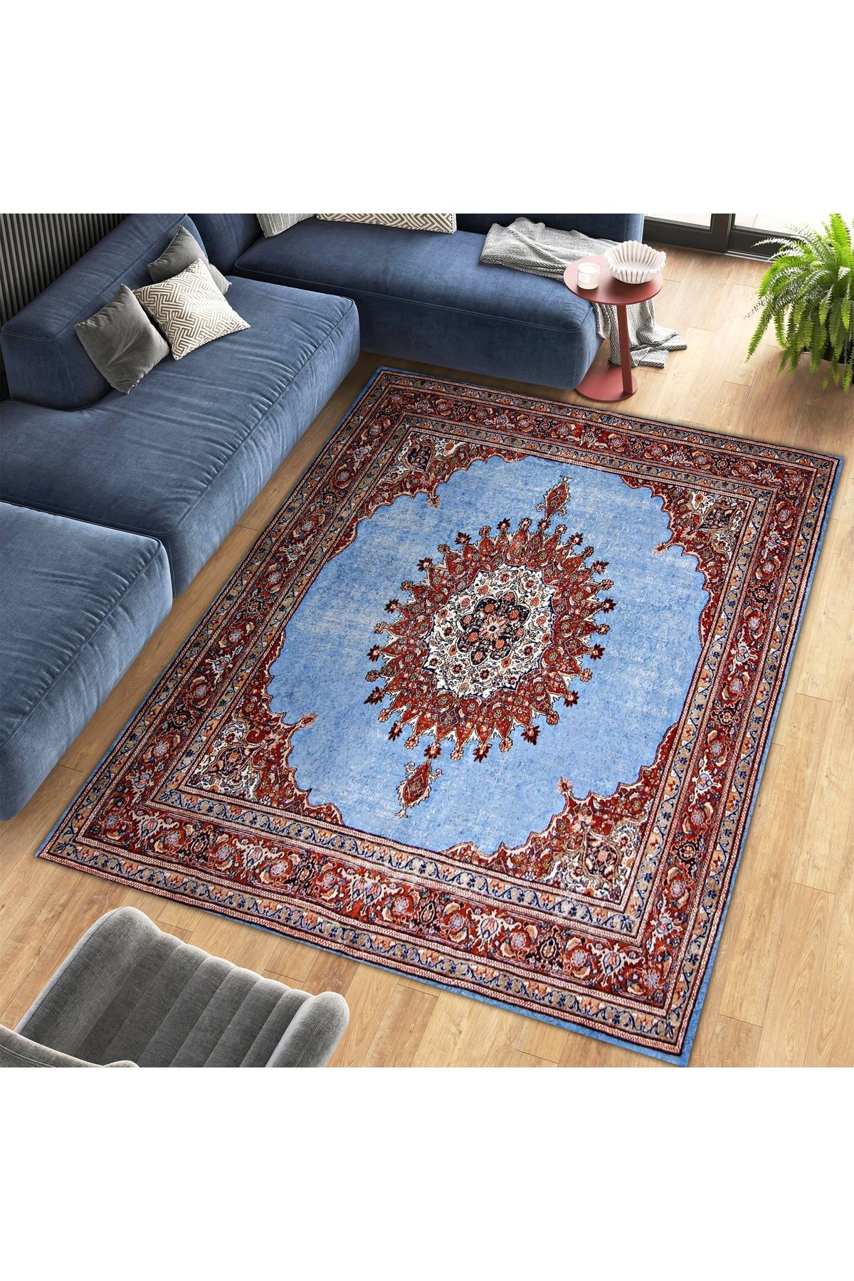 Asena Koleksiyonu Mavi Tema Bohem ve Geleneksel Motifli Desenli Vintage Dekoratif Halı 11