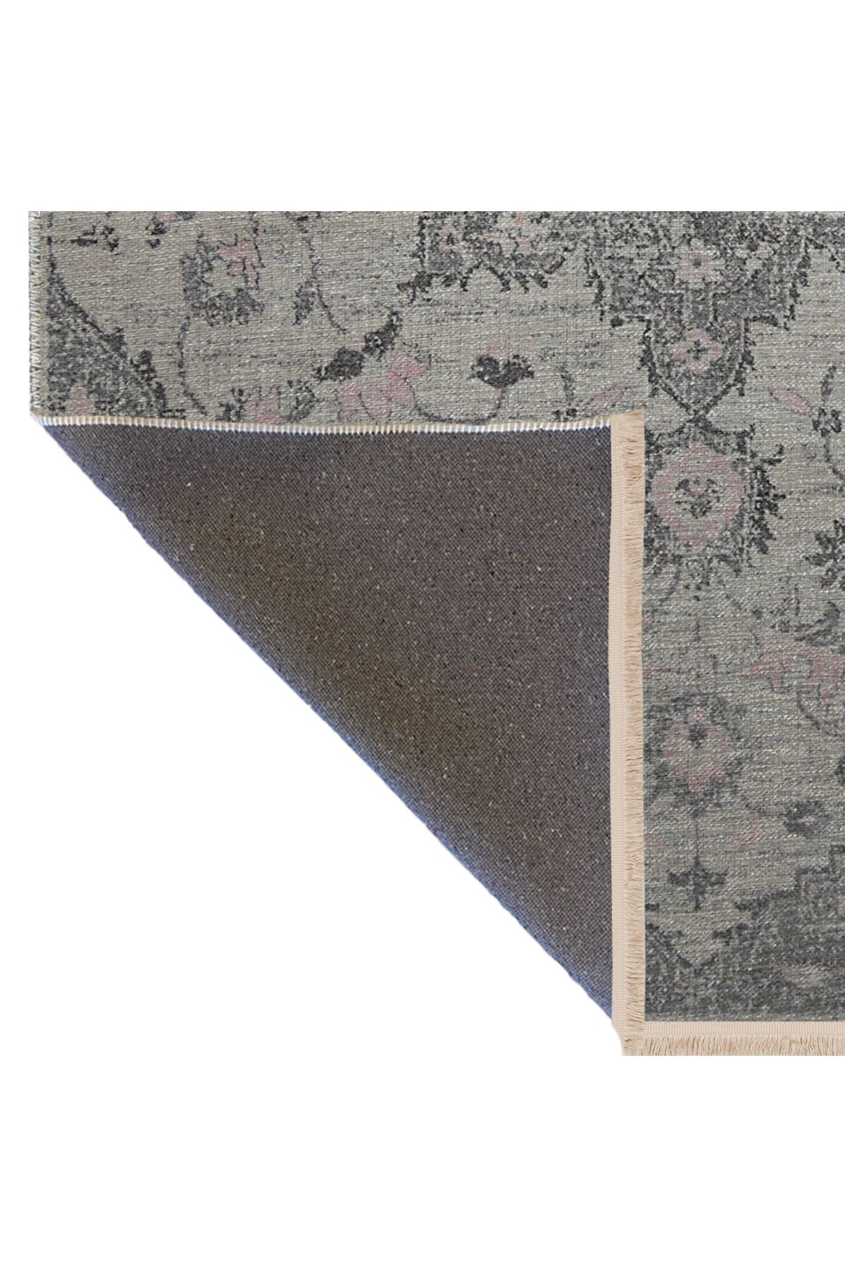 Gri Temalı Geleneksel Motif Çiçek Desenli Saçaklı Vintage Dekoratif Halı 3078