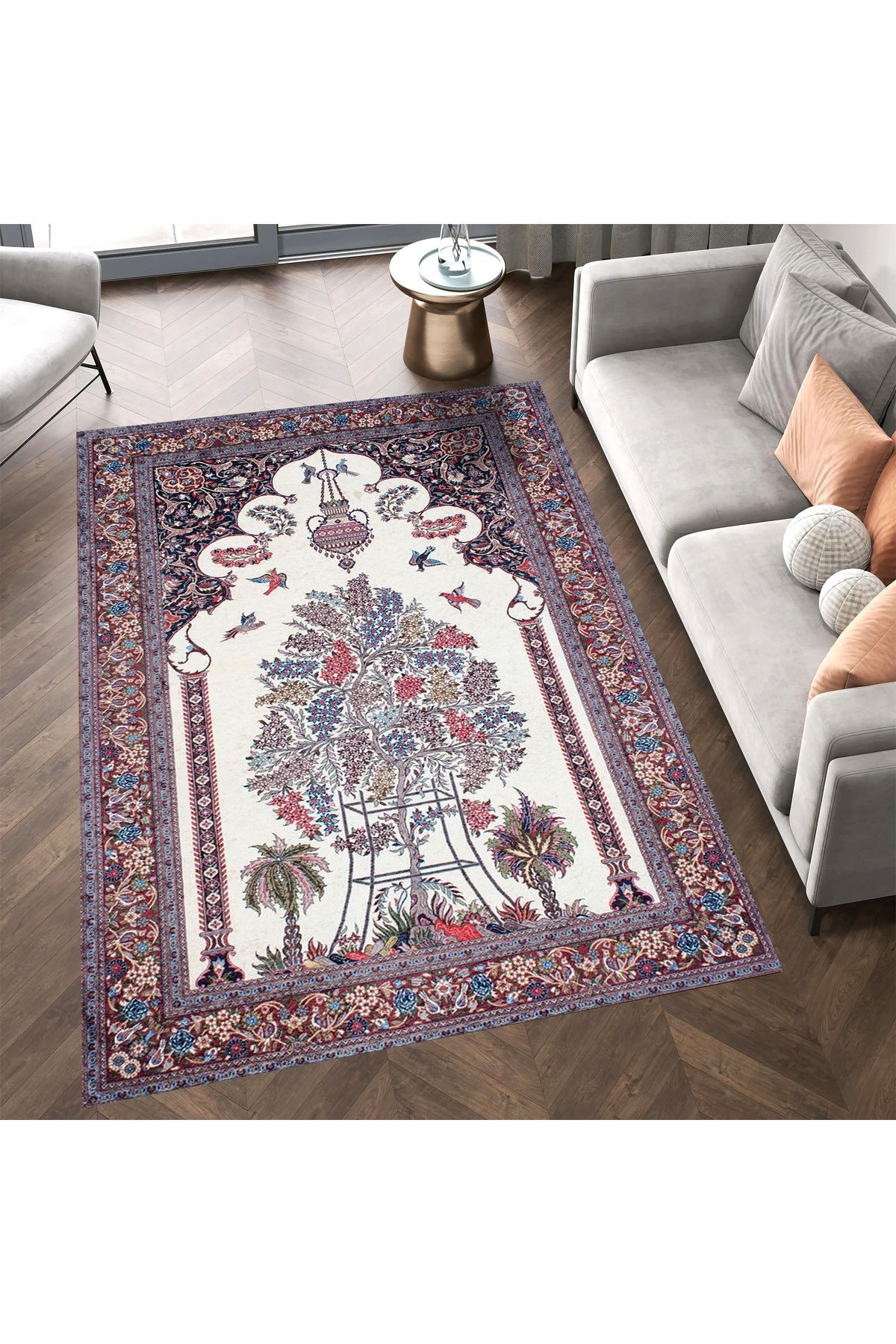 Aysu Koleksiyonu Çok Renkli Çiçek ve Kuş Detaylı Dokuma Taban Modern Dekoratif Halı aysu08