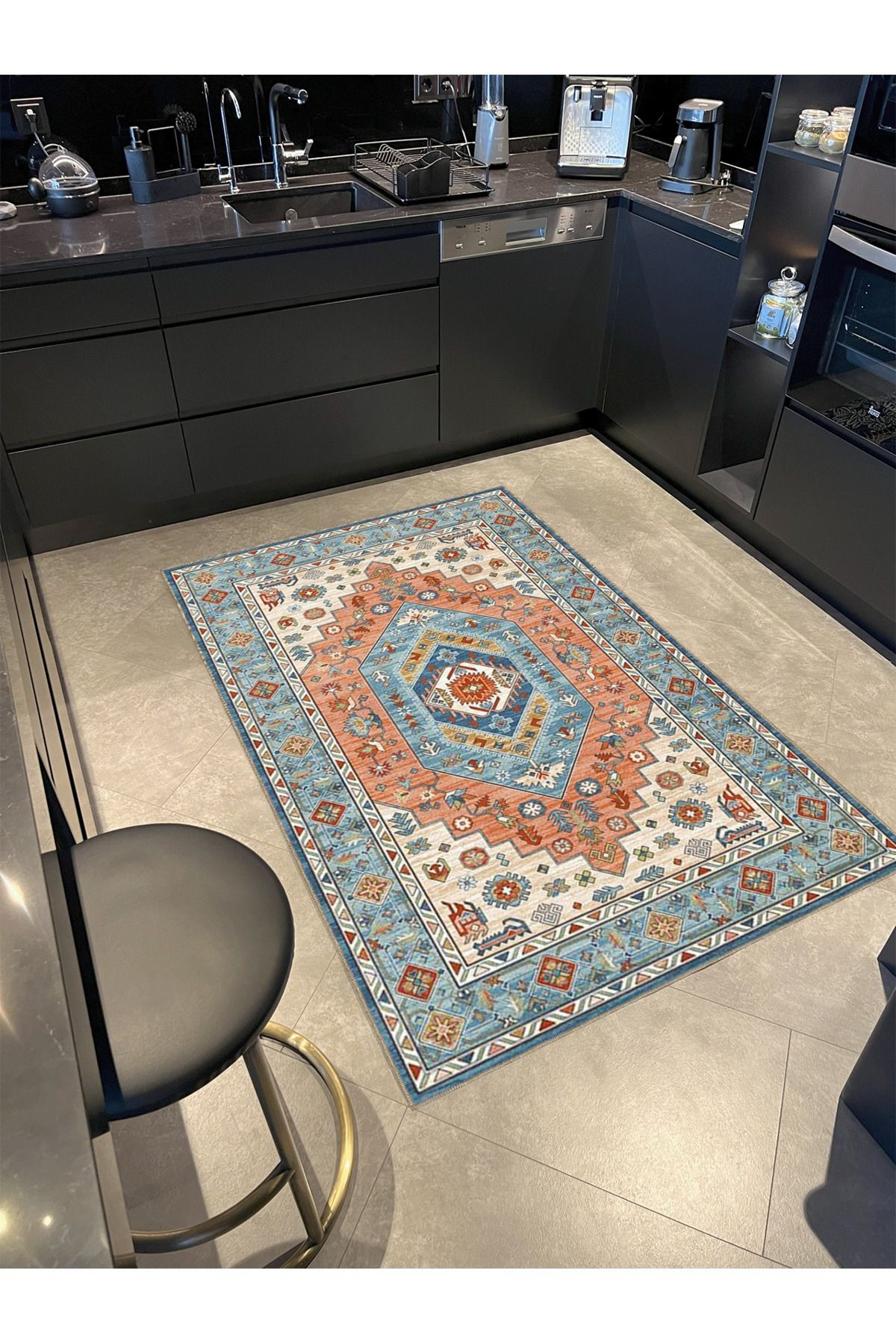 Gök Mavisi ve Turuncu Temalı Geleneksel Motif Desenli Vintage Dekoratif Halı 4895