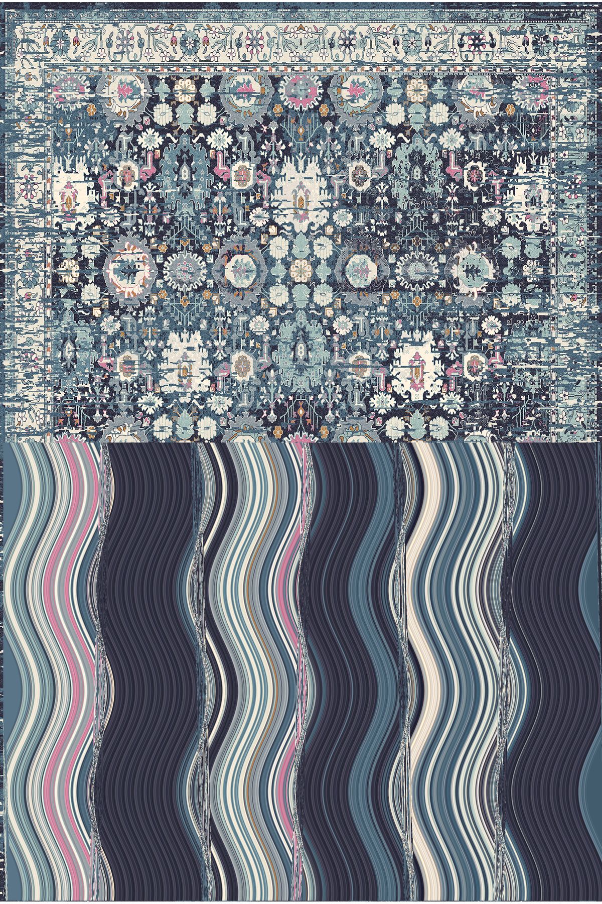 Fiorella Mavi Vintage Zigzag Bozulan Desen Temalı Dokuma Taban Dekoratif Halı 7018