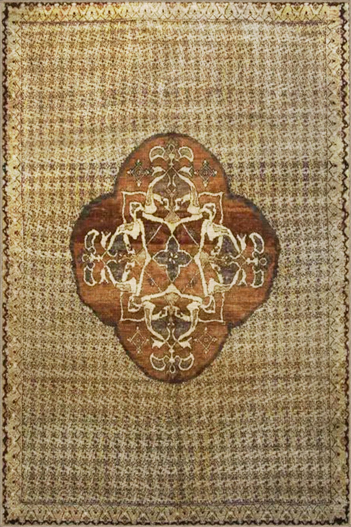 Kahverengi Temalı Geleneksel Motif Desenli Vintage Dekoratif Halı 3309