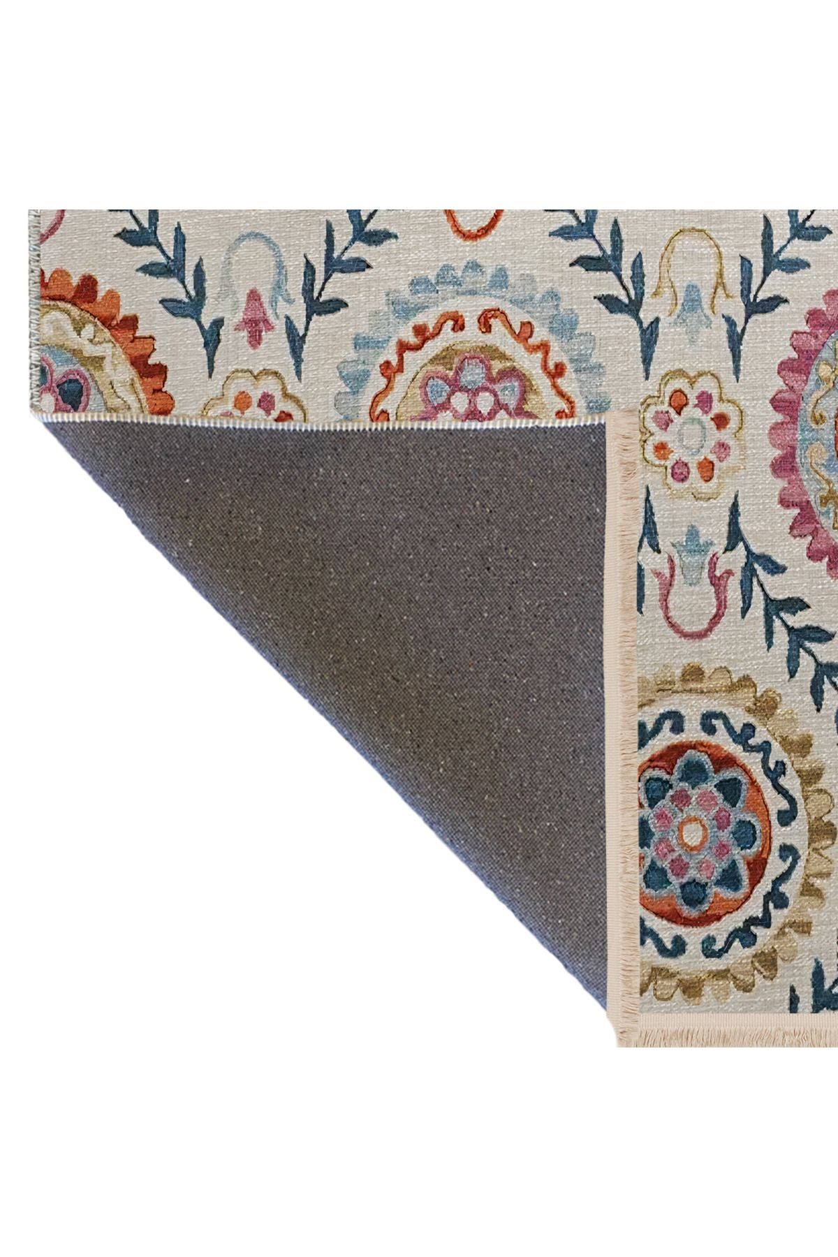 Bej Temalı Çok Renkli Şekil Motifli Çiçek Desenli Kreatif Vintage Dekoratif Halı 2627