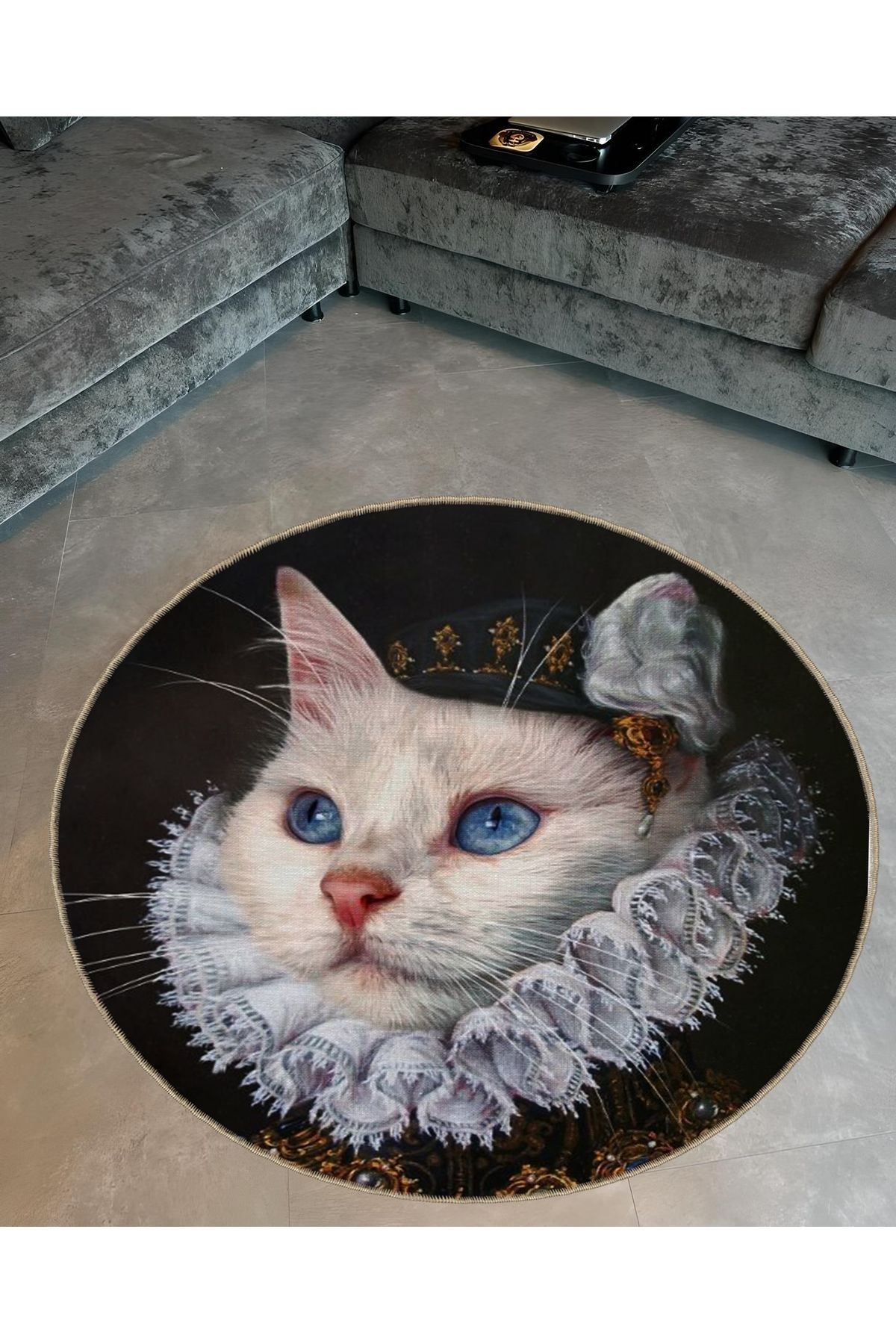 Animal Koleksiyonu Yuvarlak Asil Beyaz Kedi Desenli Dokuma Taban Yıkanabilir Halı animal09