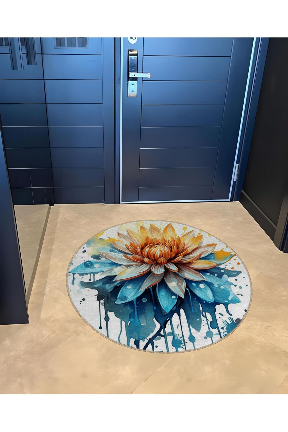 Mira Yuvarlak Sulu Boya Görünümlü Çok Renkli Lotus Çiçeği Detaylı Dekoratif Halı 5529