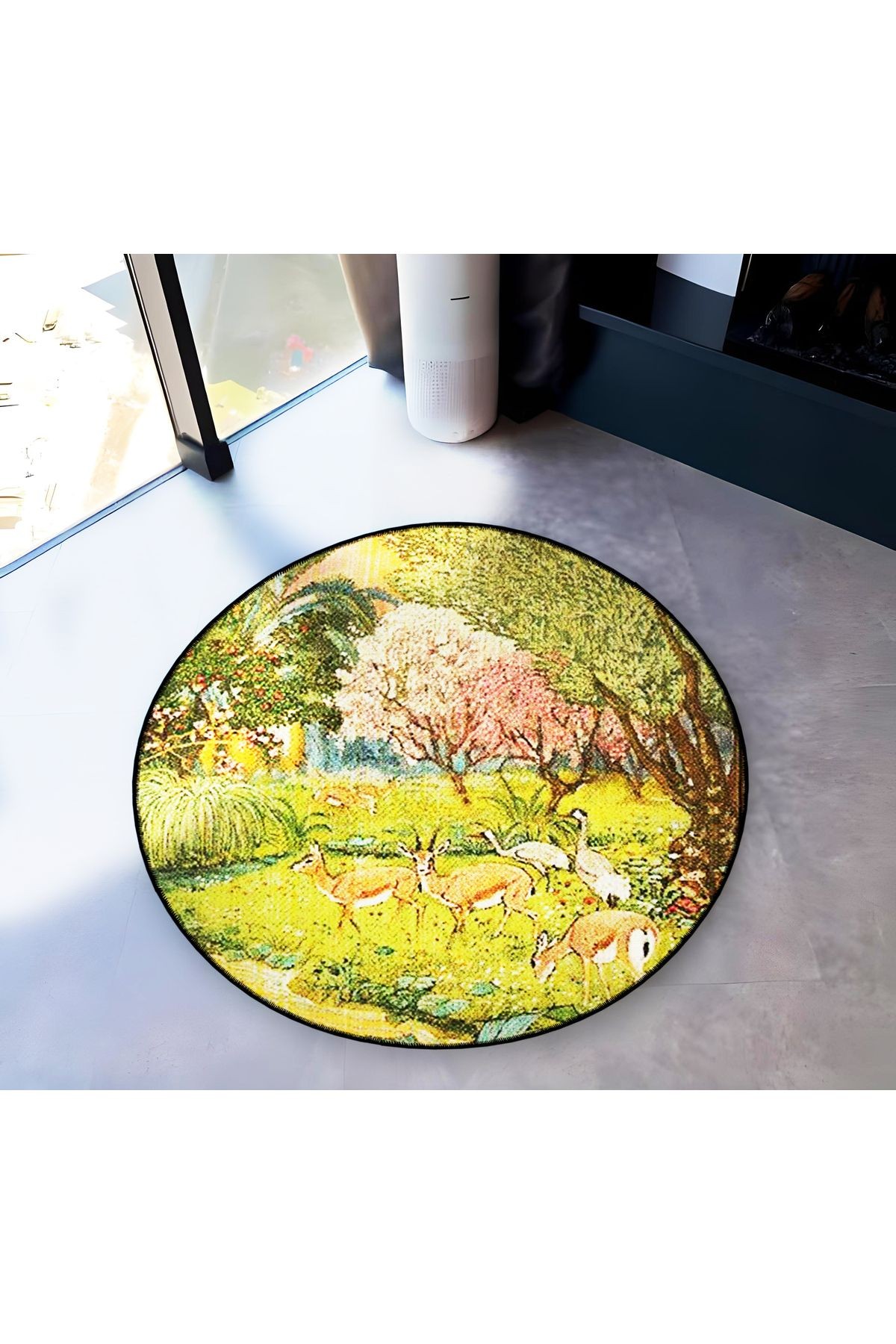 Yeşil Tema Geyik ve Orman Desenli Yuvarlak Dokuma Taban Vintage Dekoratif Halı 6146