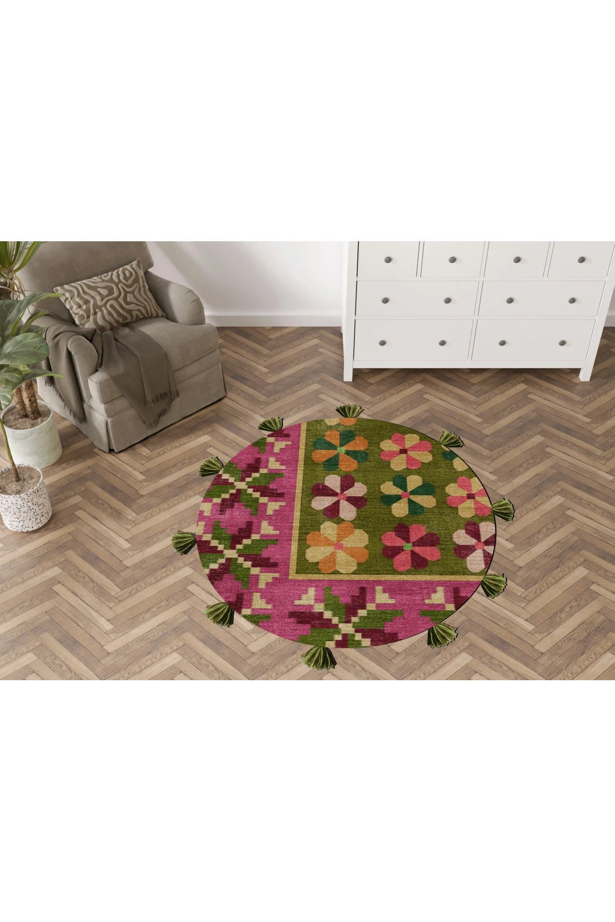 Mor Yeşil Temalı Karışık Şekil Desenli Kreatif Modern Dokuma Taban Yuvarlak Dekoratif Halı 2266