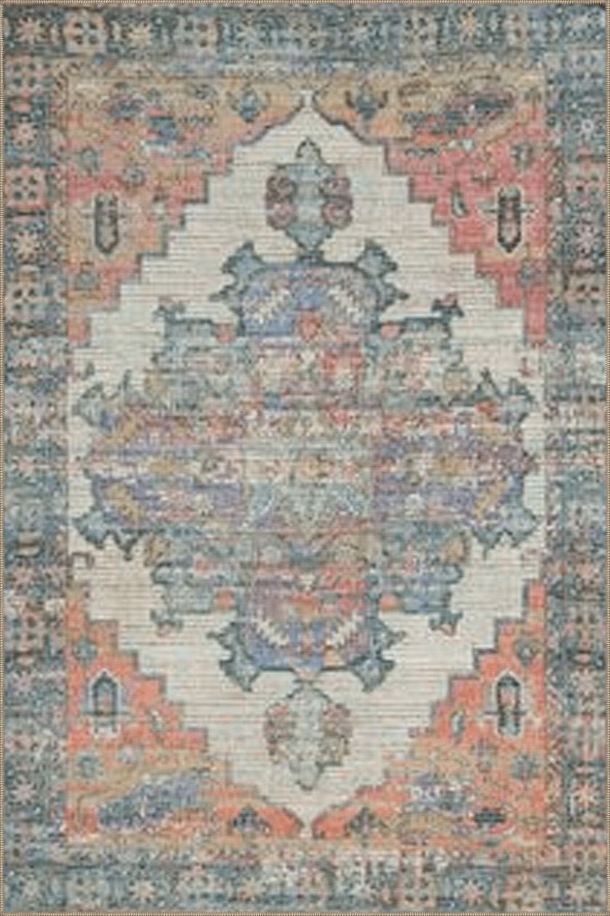 Açık Mavi ve Turuncu Temalı Geleneksel Motif Desenli Vintage Dekoratif Halı 5006