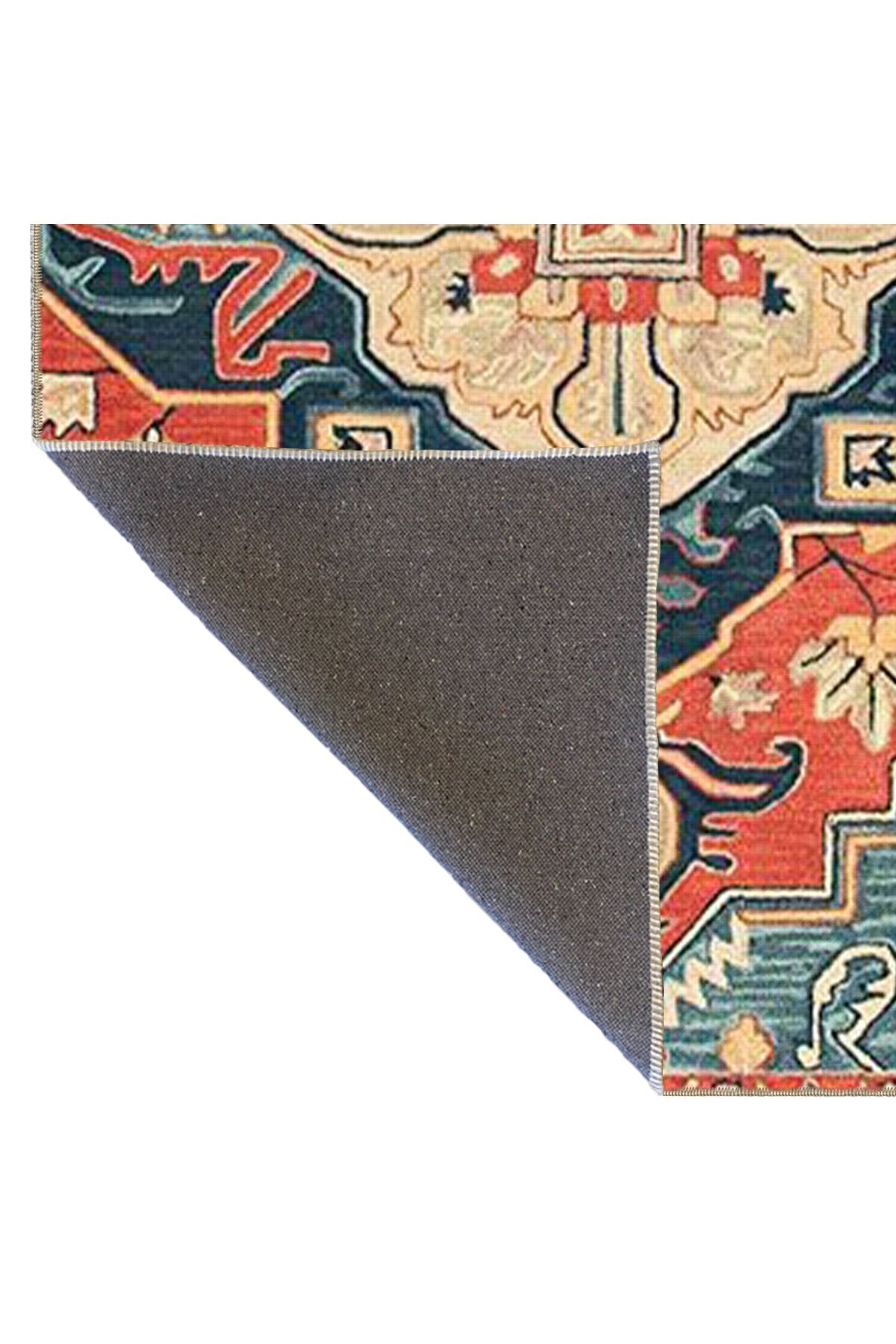 Turuncu Mavi Temalı Geleneksel Motif Etnik Desenli Vintage Dekoratif Halı 3809