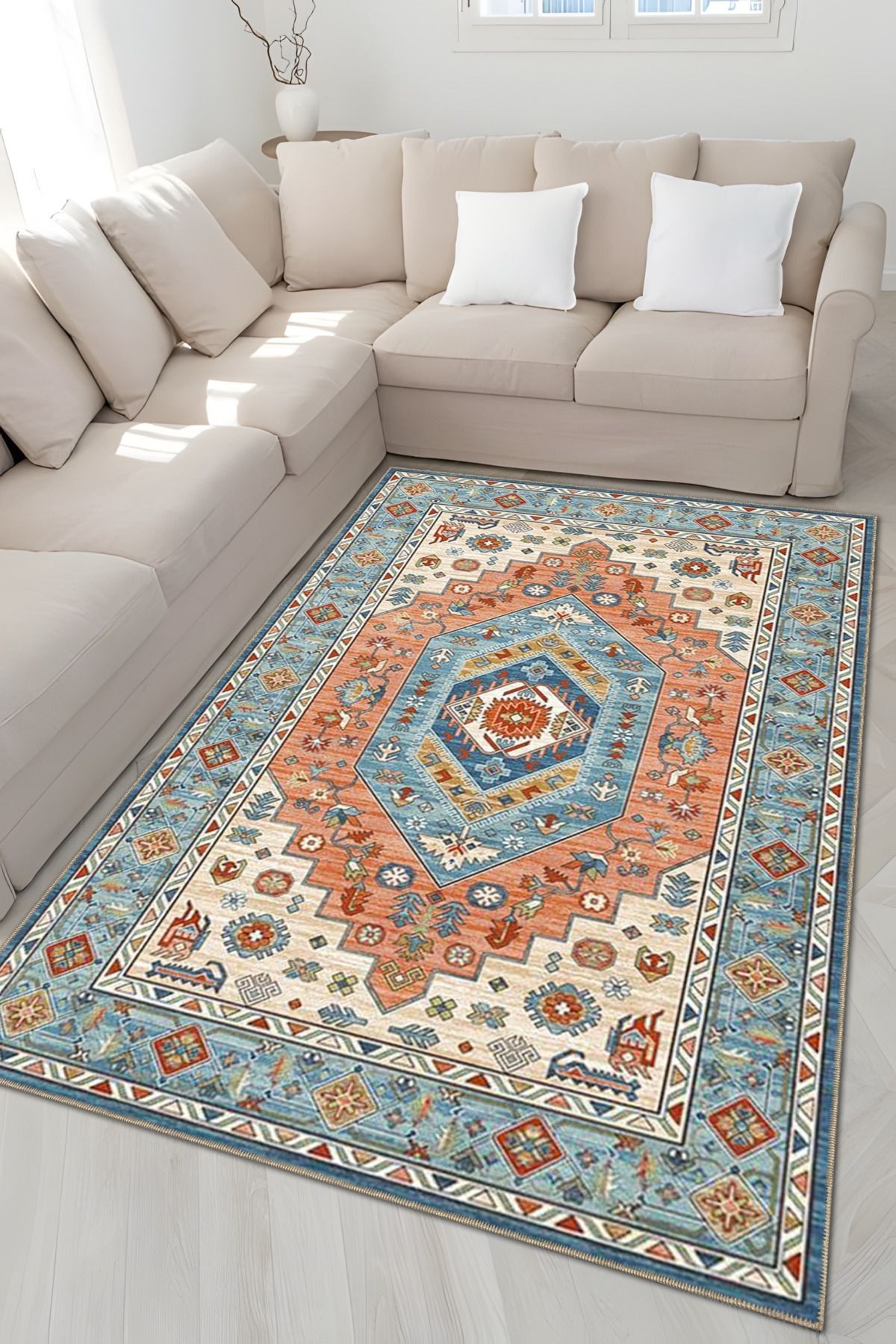 Gök Mavisi ve Turuncu Temalı Geleneksel Motif Desenli Vintage Dekoratif Halı 4895