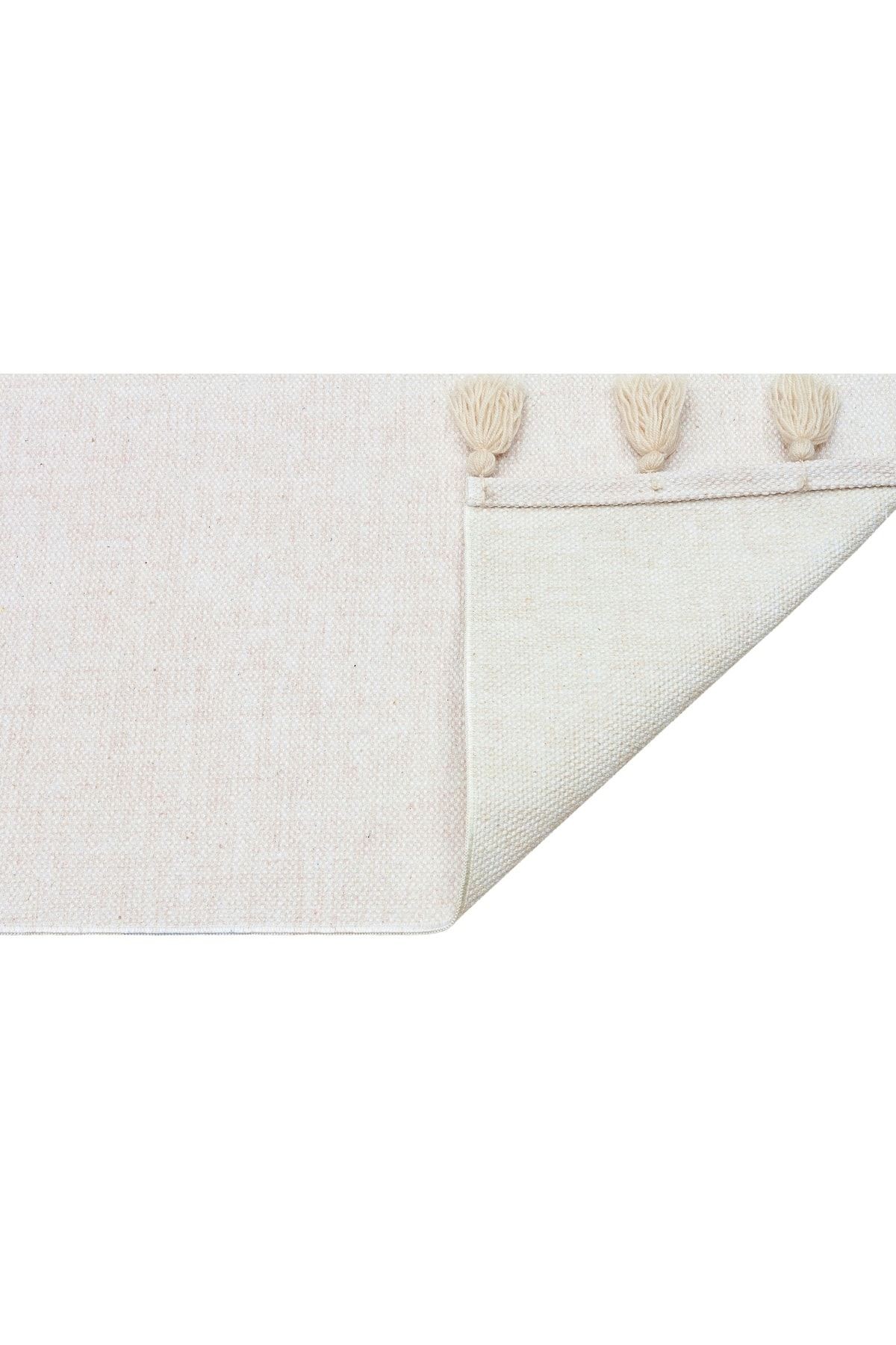 Moroccan 9009 Ekru Hasır Görünüm Ekru Püsküllü Modern Kilim