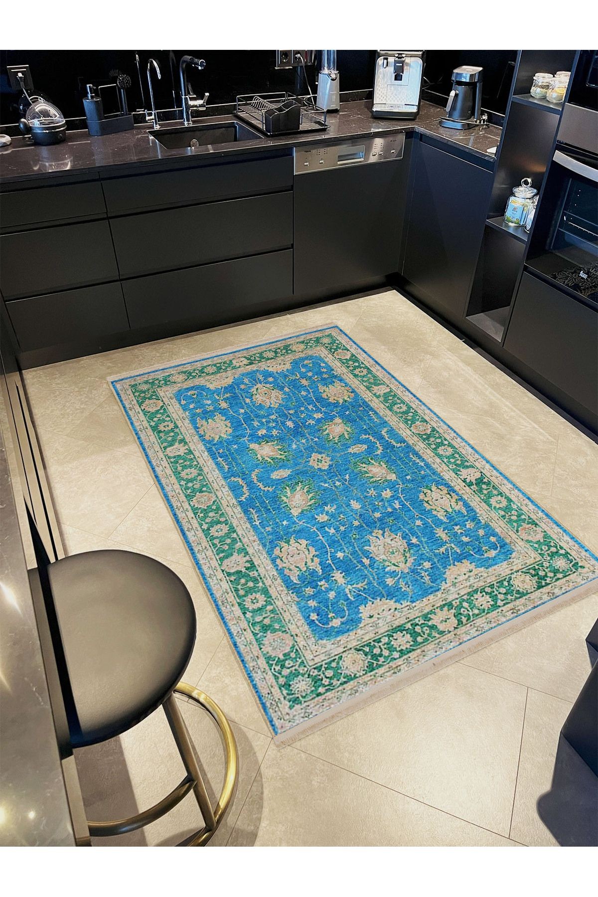 Hilal Koleksiyonu Eskitme Görünümlü Yeşil Mavi Dokuma Taban Modern Dekoratif  Halı hilal45