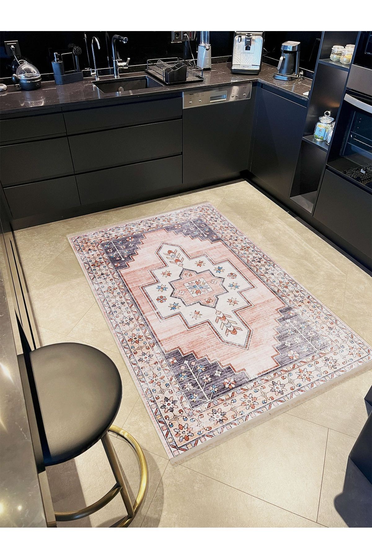 İnci Koleksiyonu Gri Pembe Etnik Desenli Dokuma Taban Modern Dekoratif Halı inci47