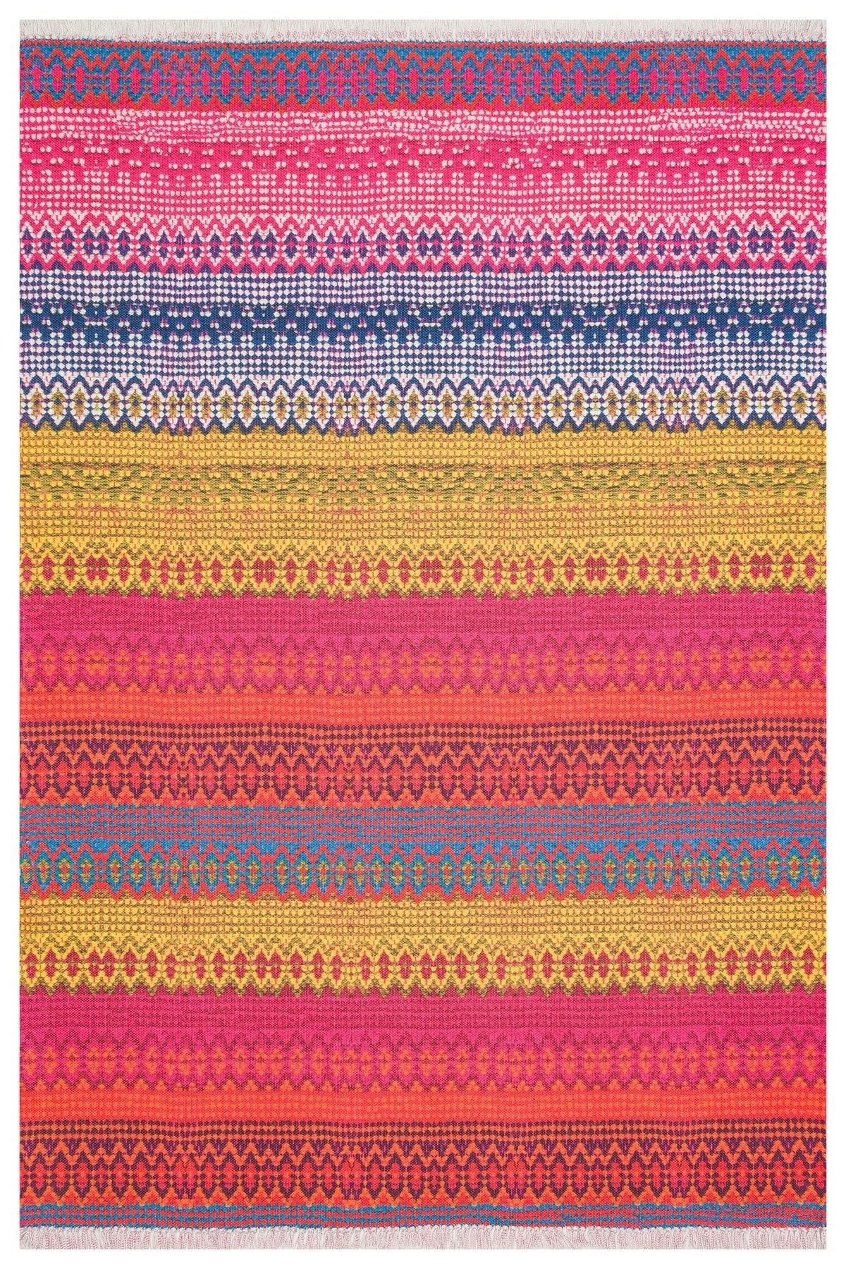 Cotton 547 Canlı Çok Renkli Fuşya Turuncu Dokuma Taban Kilim