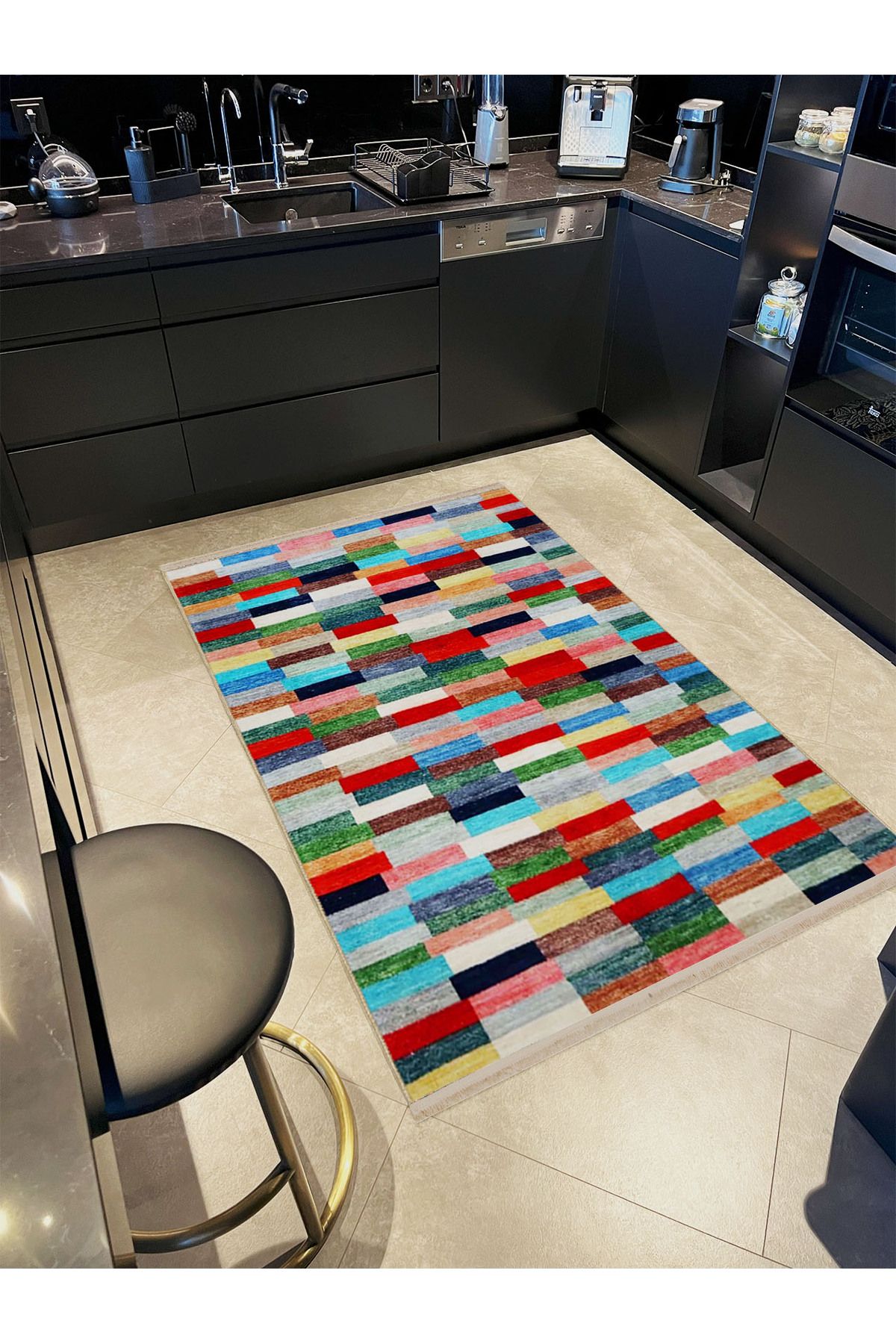 Emre Koleksiyonu Çok Renkli Geometrik Patchwork Detay Desenli Dokuma Taban Modern Dekoratif Halı 29