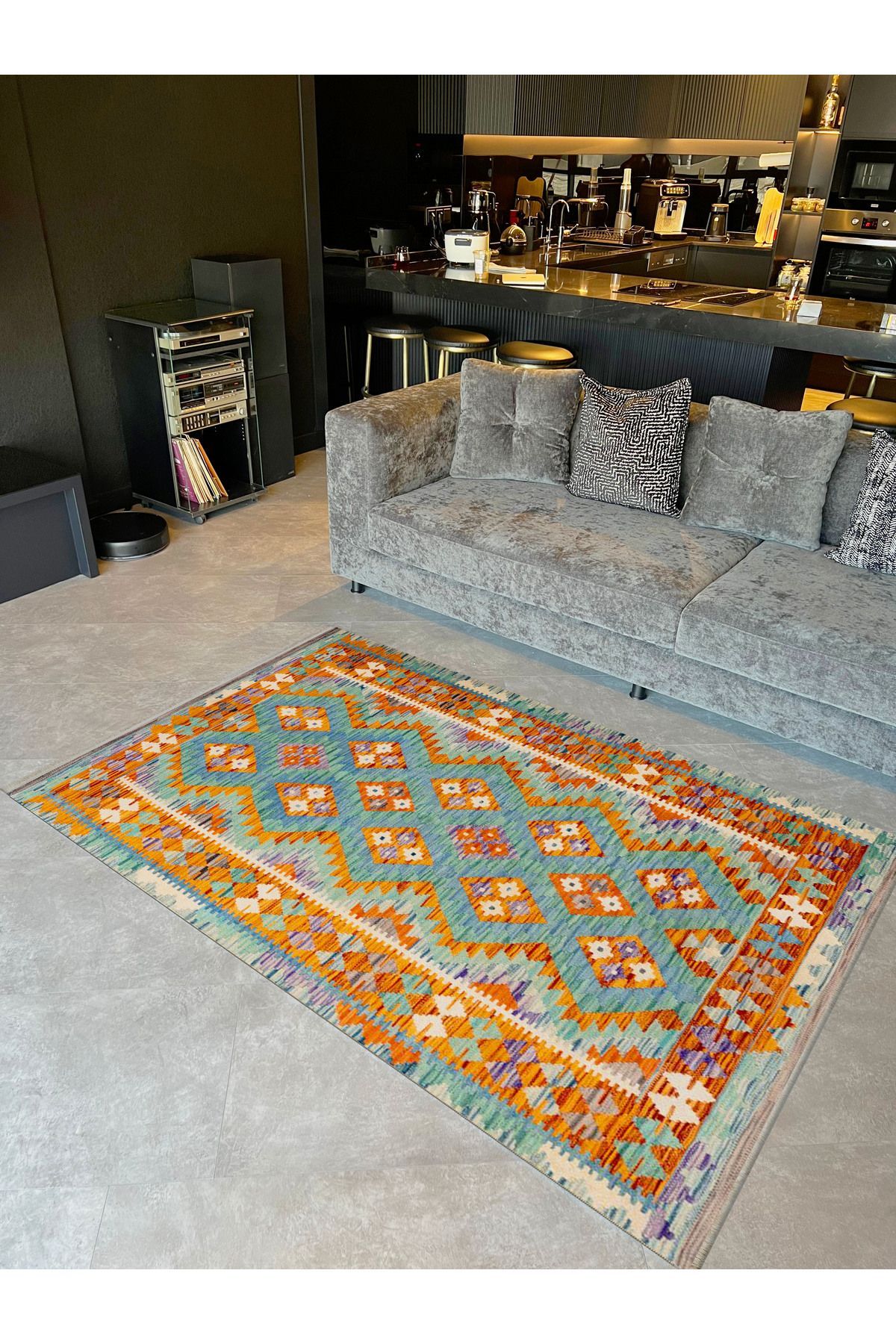 İnci Koleksiyonu Mavi Tema Etnik Geleneksel Desenli Dokuma Taban Vintage Dekoratif Halı inci43