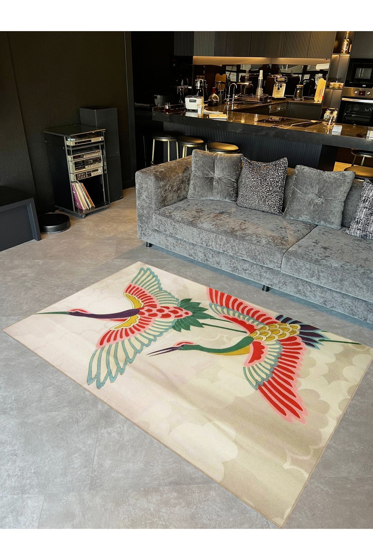 Seda Koleksiyonu Bulutlar ve Çok Renkli Kuşlar Desenli Dokuma Taban Modern Dekoratif Halı seda37