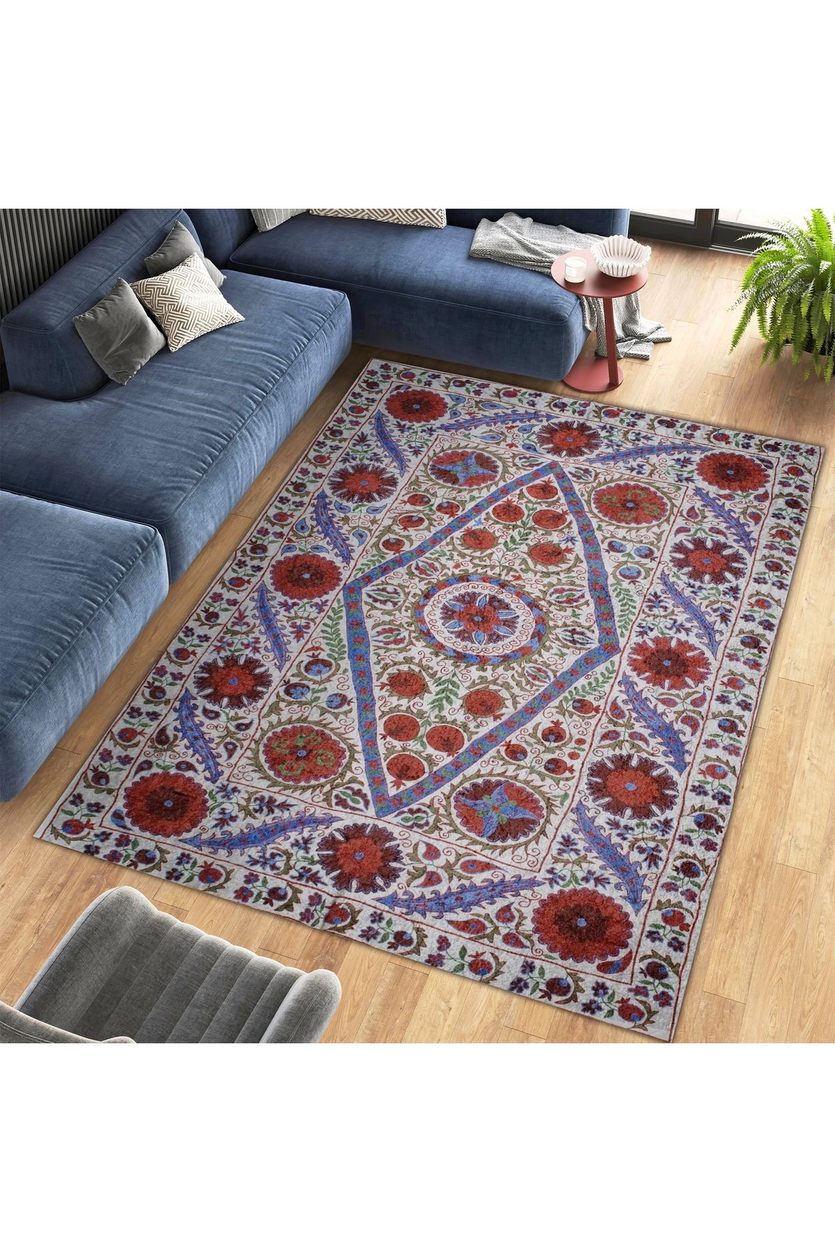 Mete Koleksiyonu Çok Renkli Floral Çiçek Motifleri Desenli Vintage Dekoratif Halı 42