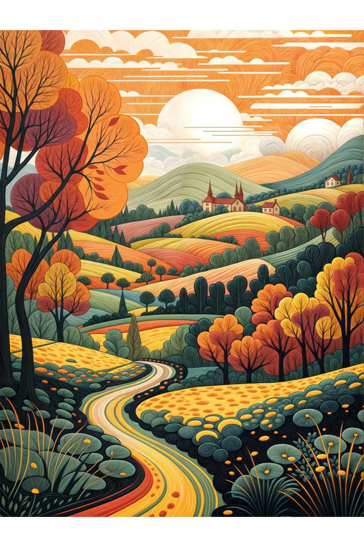 Kubilay Koleksiyonu Çok Renkli Dağ Yolu Ağaç ve Çiçekler Desen Dokuma Taban Modern Dekoratif Halı 10