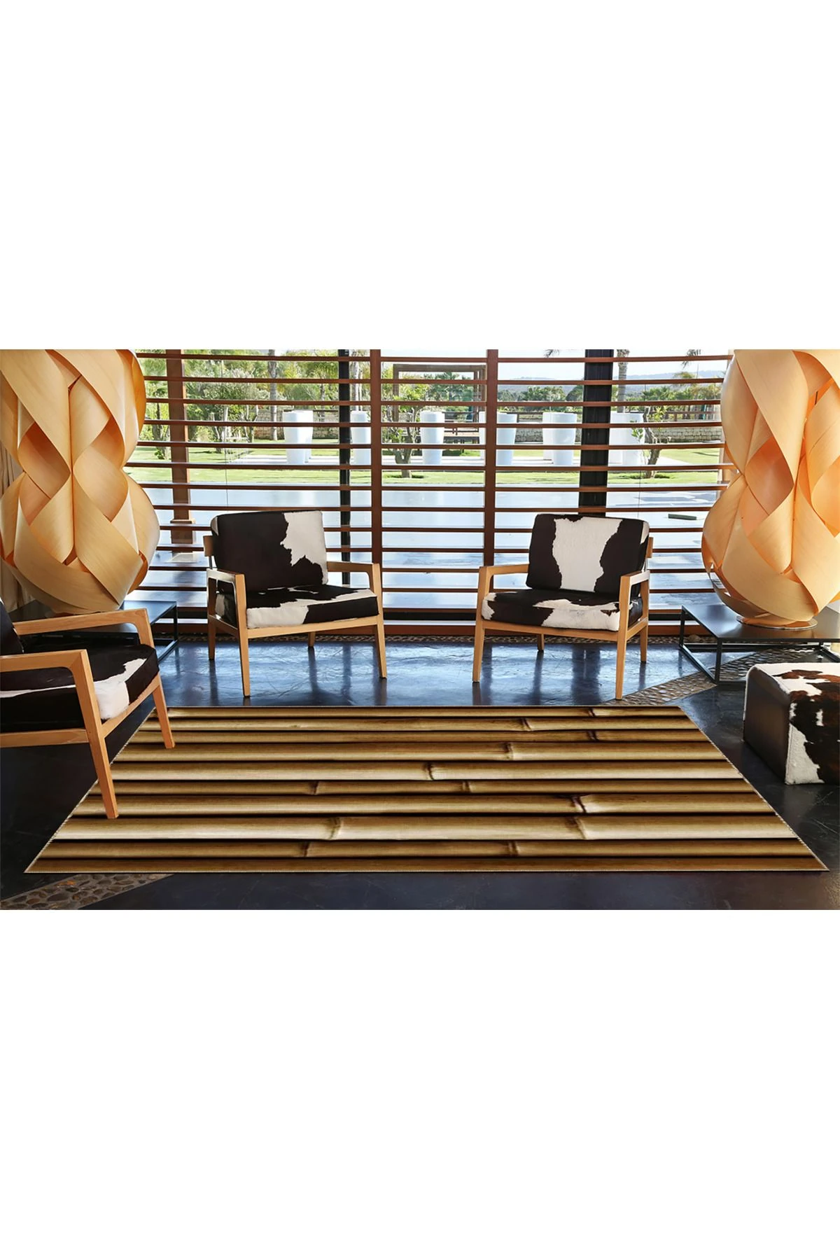 Kahverengi Dikey Bambu Temalı Dekoratif Yıkanabilir Halı miravip9031