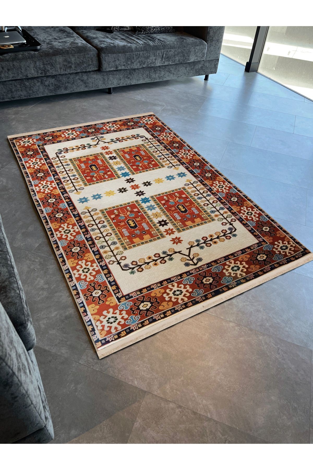 Turuncu Bej Temalı Çok Renkli Geleneksel Motif Desenli Vintage Dekoratif Halı 2439