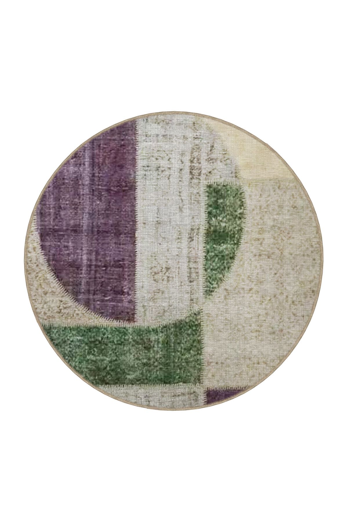 Bej Temalı Yeşil Mor Soyut Geometrik Desenli Modern Dekoratif Halı 3462