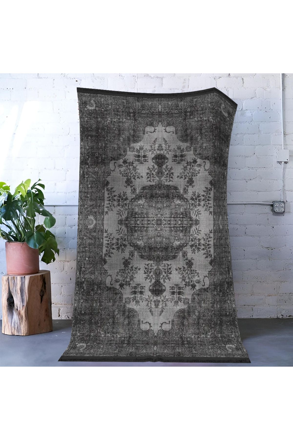 Mira Koyu Ton Gri Temalı Geleneksel Motif Etnik Desenli Vintage Dekoratif Halı Mira 1608