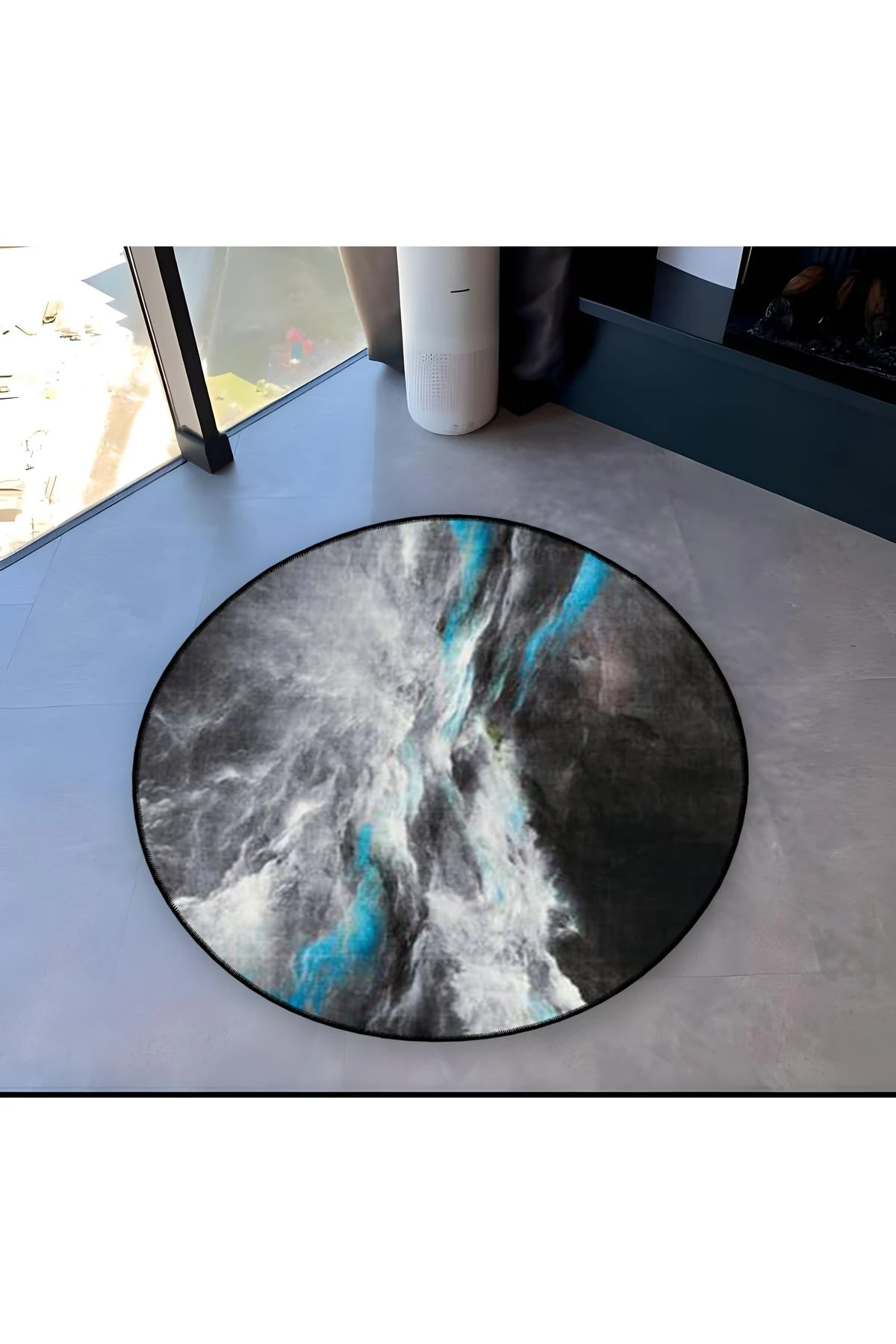 Mira Yuvarlak Koyu Tonlarda Mavi Renk Detaylı Dokuma Taban Modern Dekoratif Halı 5565