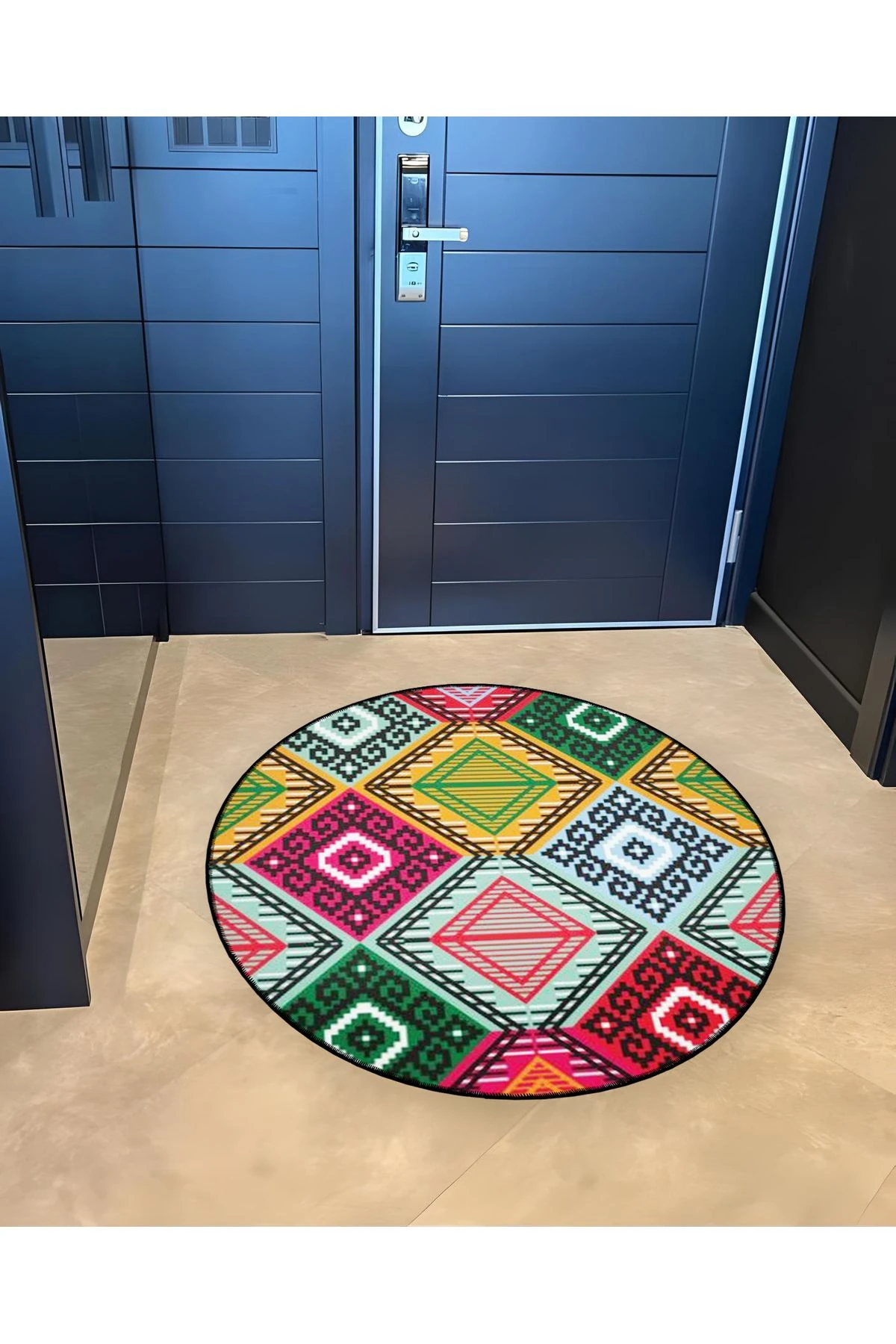 Mira Yuvarlak Çok Renkli Siyah Şekiller Detaylı Dokuma Taban Modern Dekoratif Halı 5618