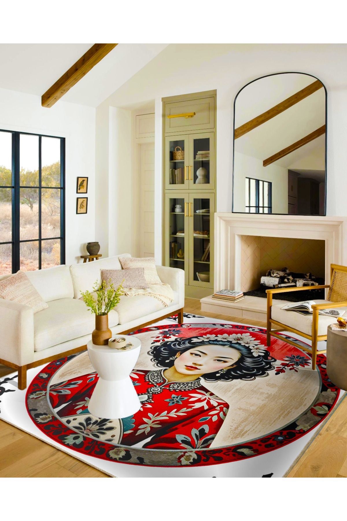 Modern Kırmızı Daire İçinde Kadın Dekoratif Halı ve Yıkanabilir Halı miravip9605