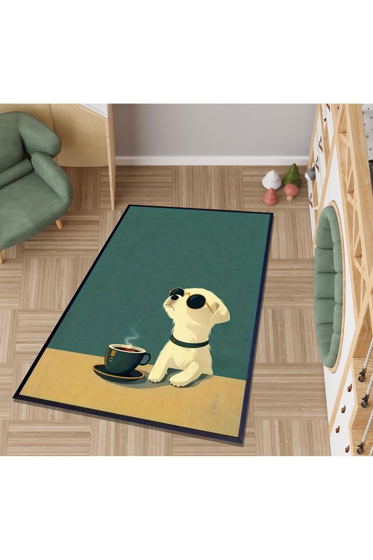 Lina Koleksiyonu Kahveli Köpek Detaylı Dokuma Taban Modern Dekoratif Halı lina67